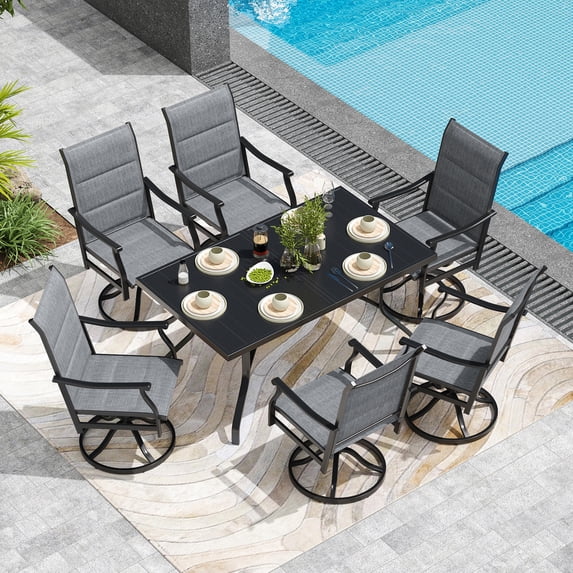 MAYEERTY 7-Piece Patio Dining Set:1 Black Rectangular Table with 1.57" Umbrella Hole & 6 Gray Paded Swivel Textilene Chairs