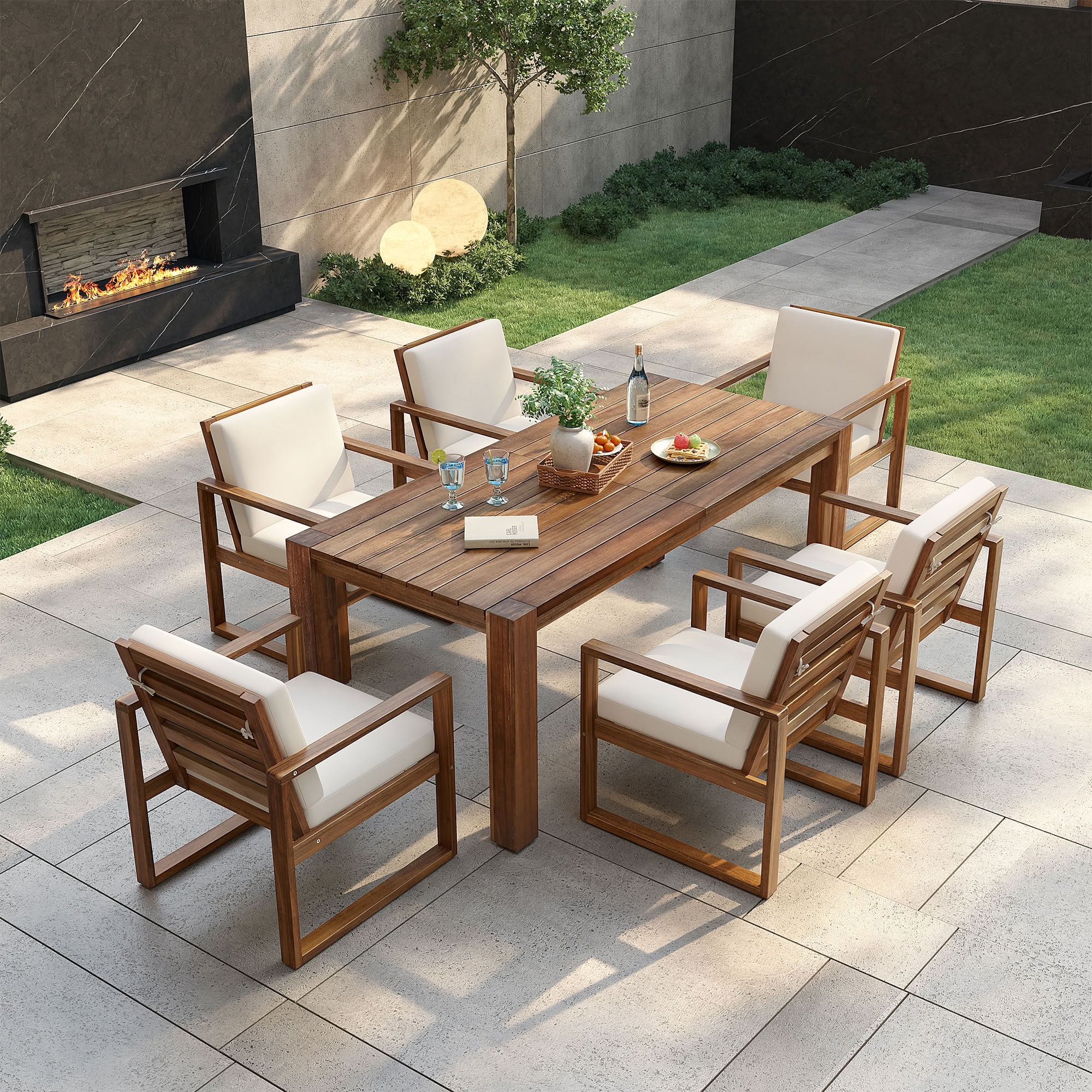 MAYEERTY 7 Piece Patio Table and Chairs Set, Outdoor Wood Furniture Set for 6 with Removable Cushion & Umbrella Hole, for Garden