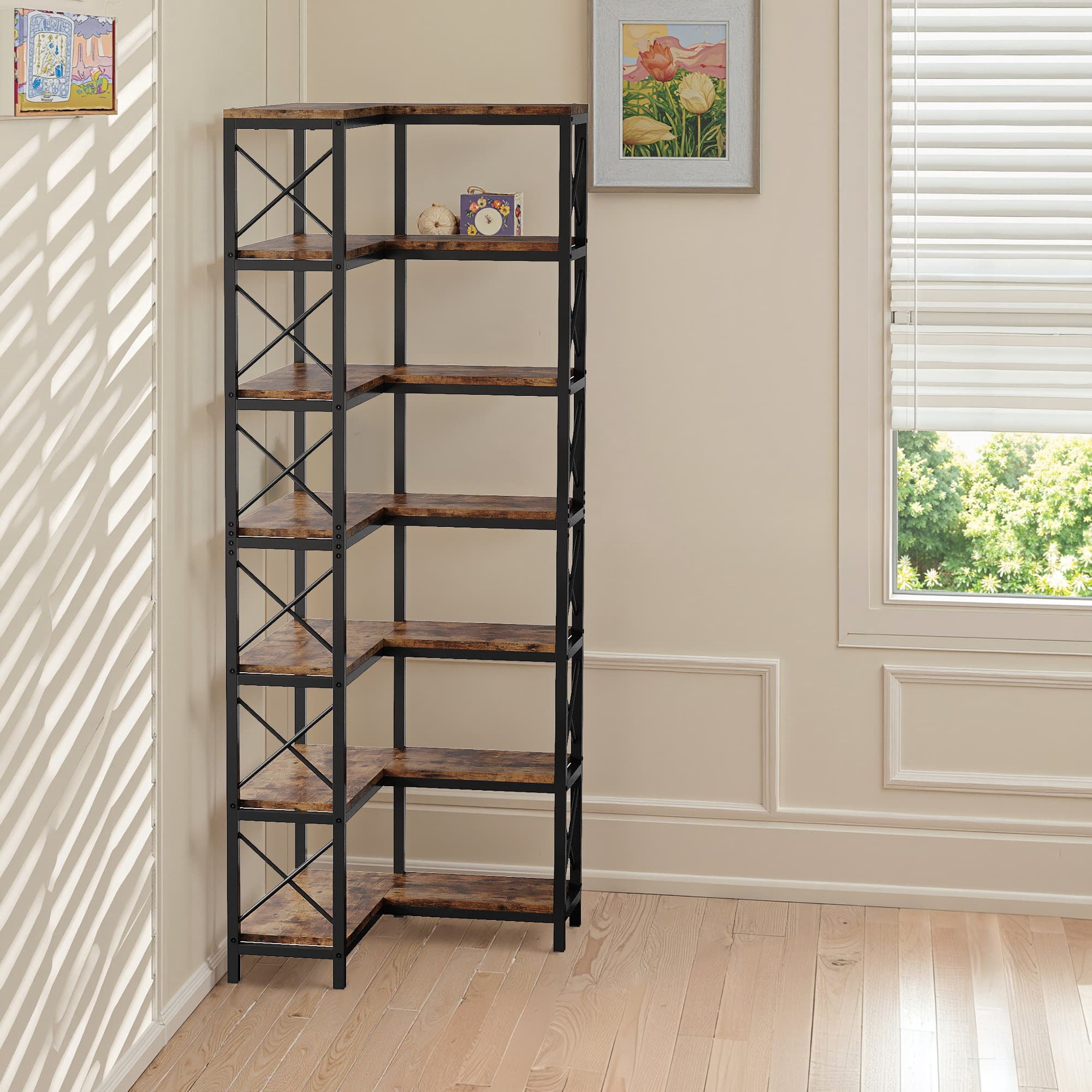 MAYEERTY Industrial 7-Tier Corner Bookcase with X-Shaped Support Bars, 14 Open Display Storage Shelves
