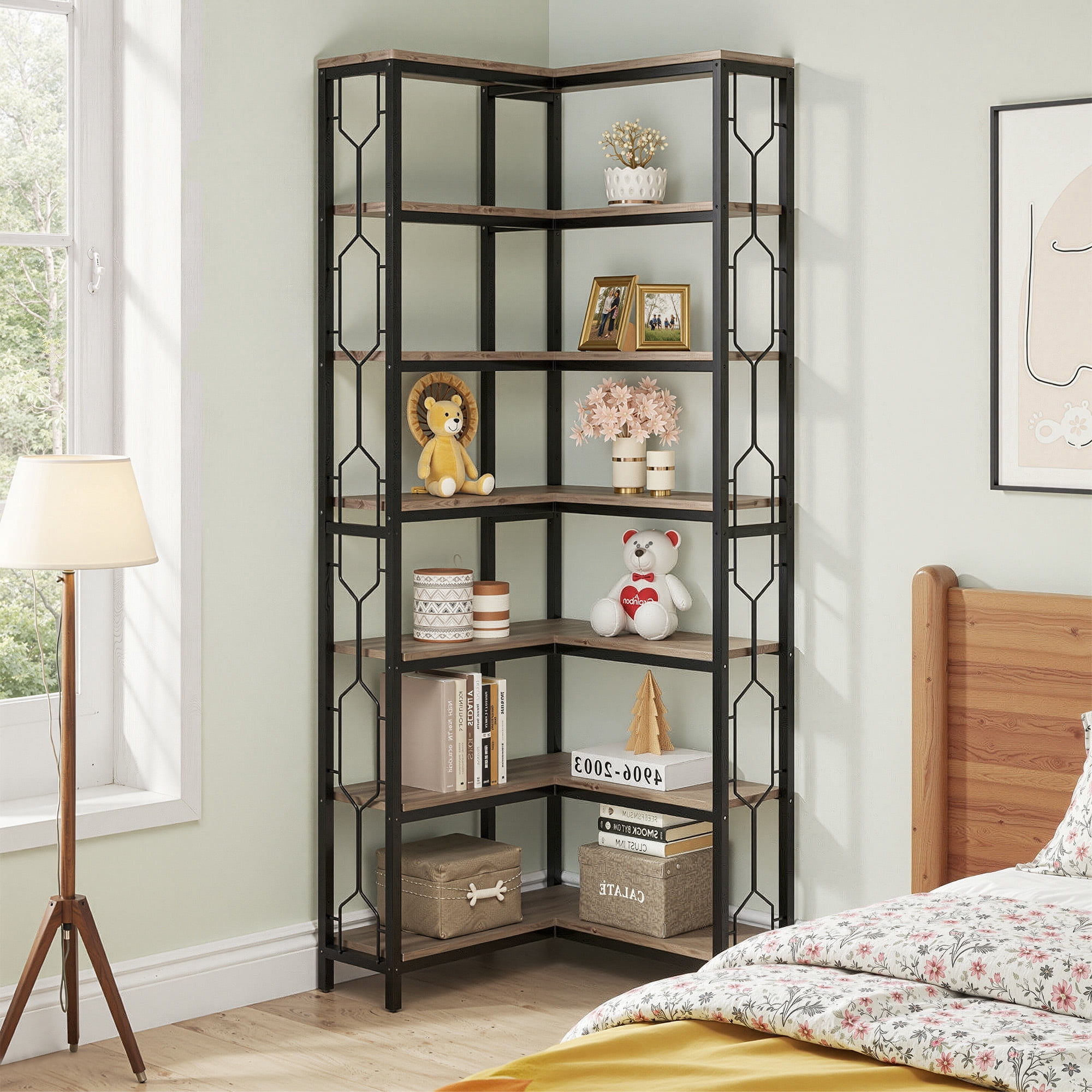 MAYEERTY Industrial 7-Tier Corner Bookcase, Hexagonal Storage Shelf with Side Railings, Particle Board & Metal Frame for Living Room
