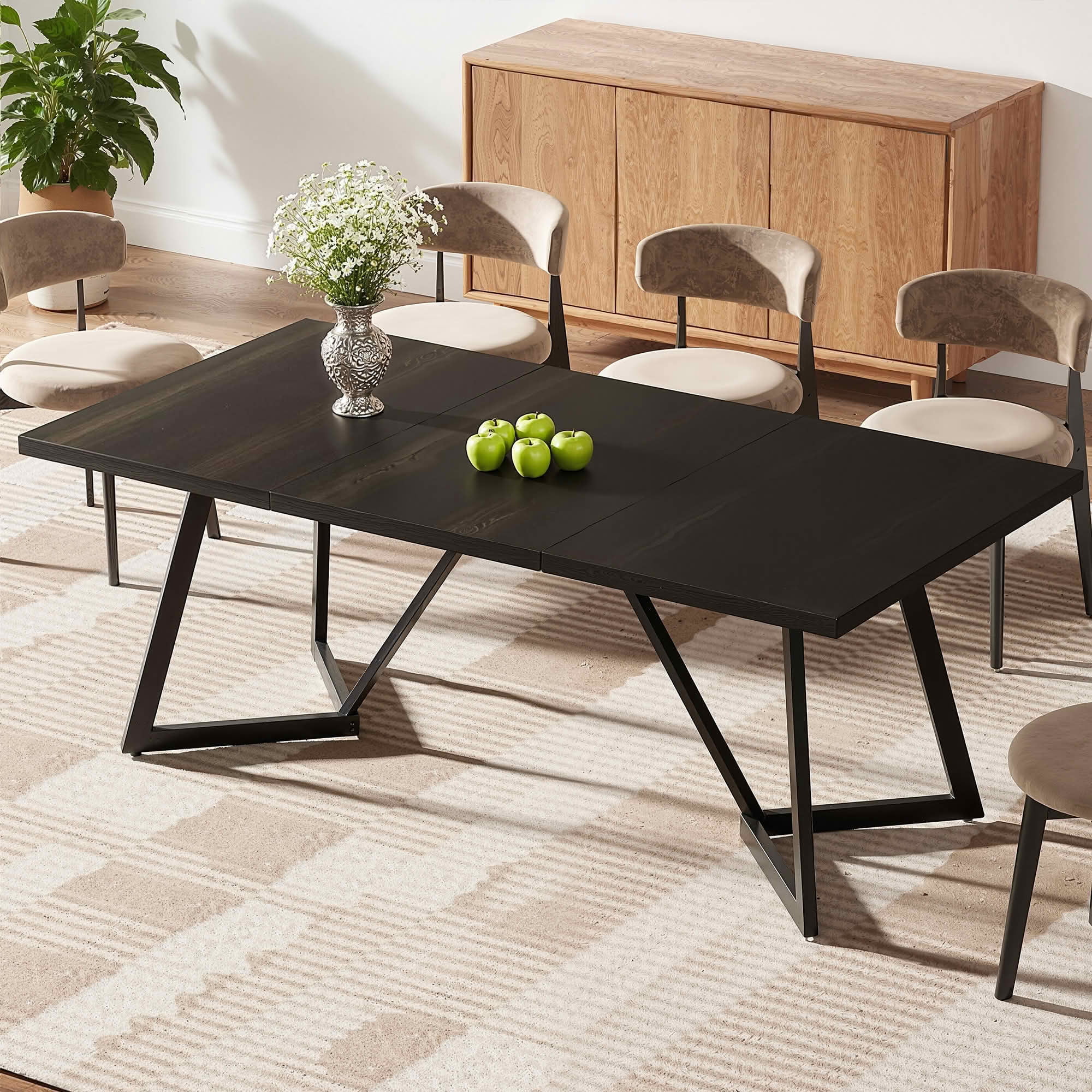 MAYEERTY 70.8 Inch Black Brown Wood Grain Dining Table, MDF Metal Leg Rectangular Table Seats 6-8 Home Café Office