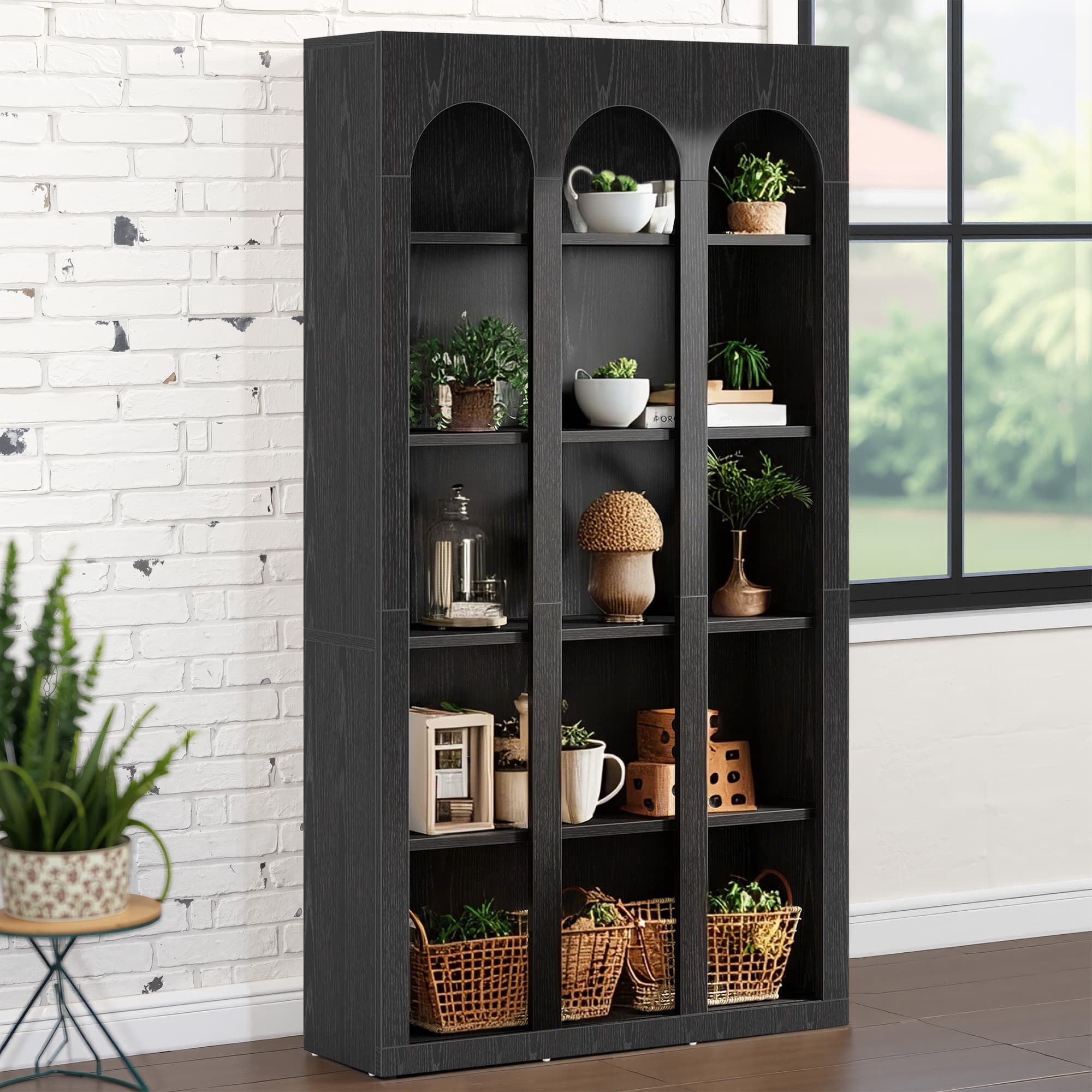 MAYEERTY Vintage Farmhouse Arched 5-Tier Tall Bookcase, 70.8 Inch Wide Curved Top Open Display Storage Shelf