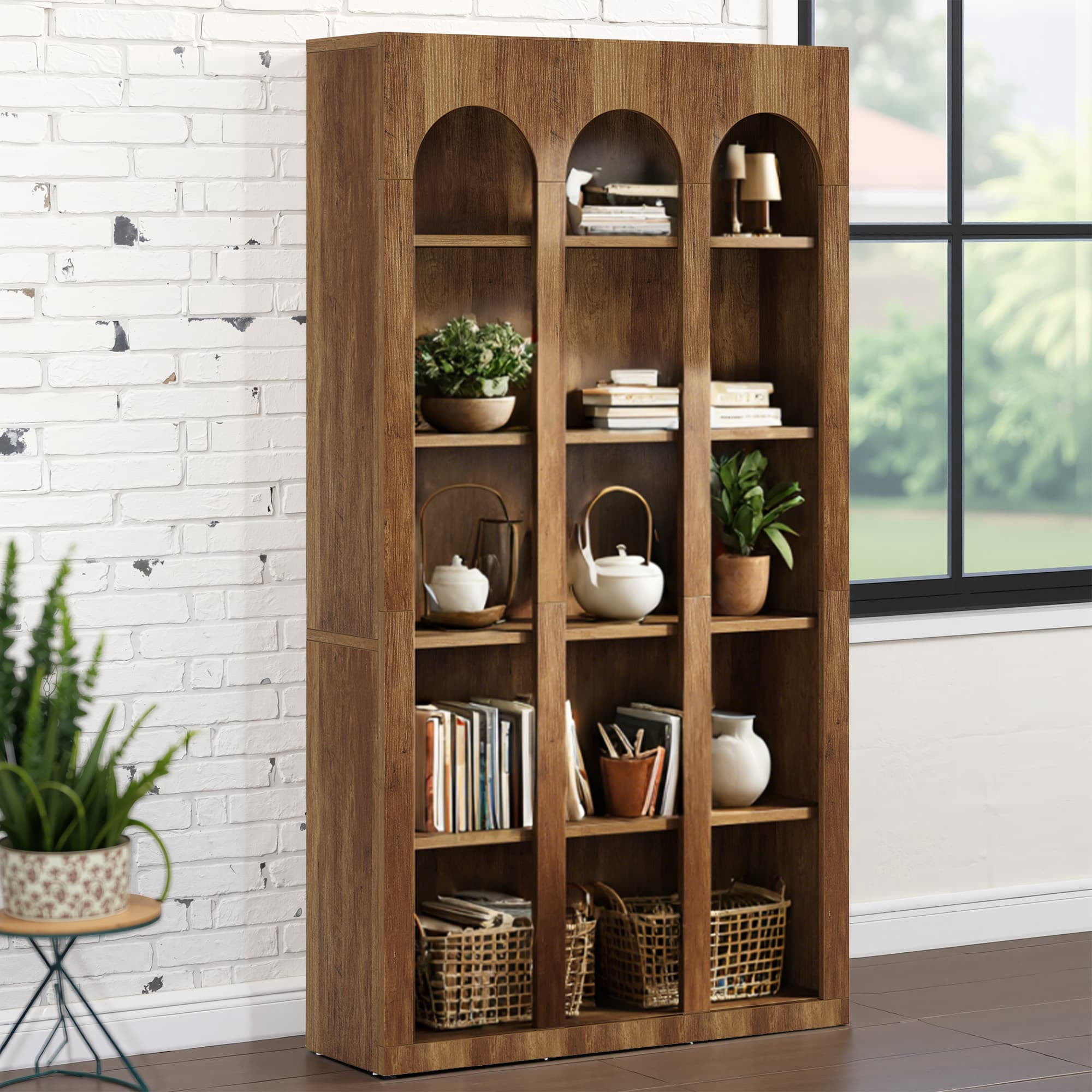 MAYEERTY Farmhouse Arched 5-Tier Tall Bookcase, 70.8" Wide Curved Top Open Display Storage Rack