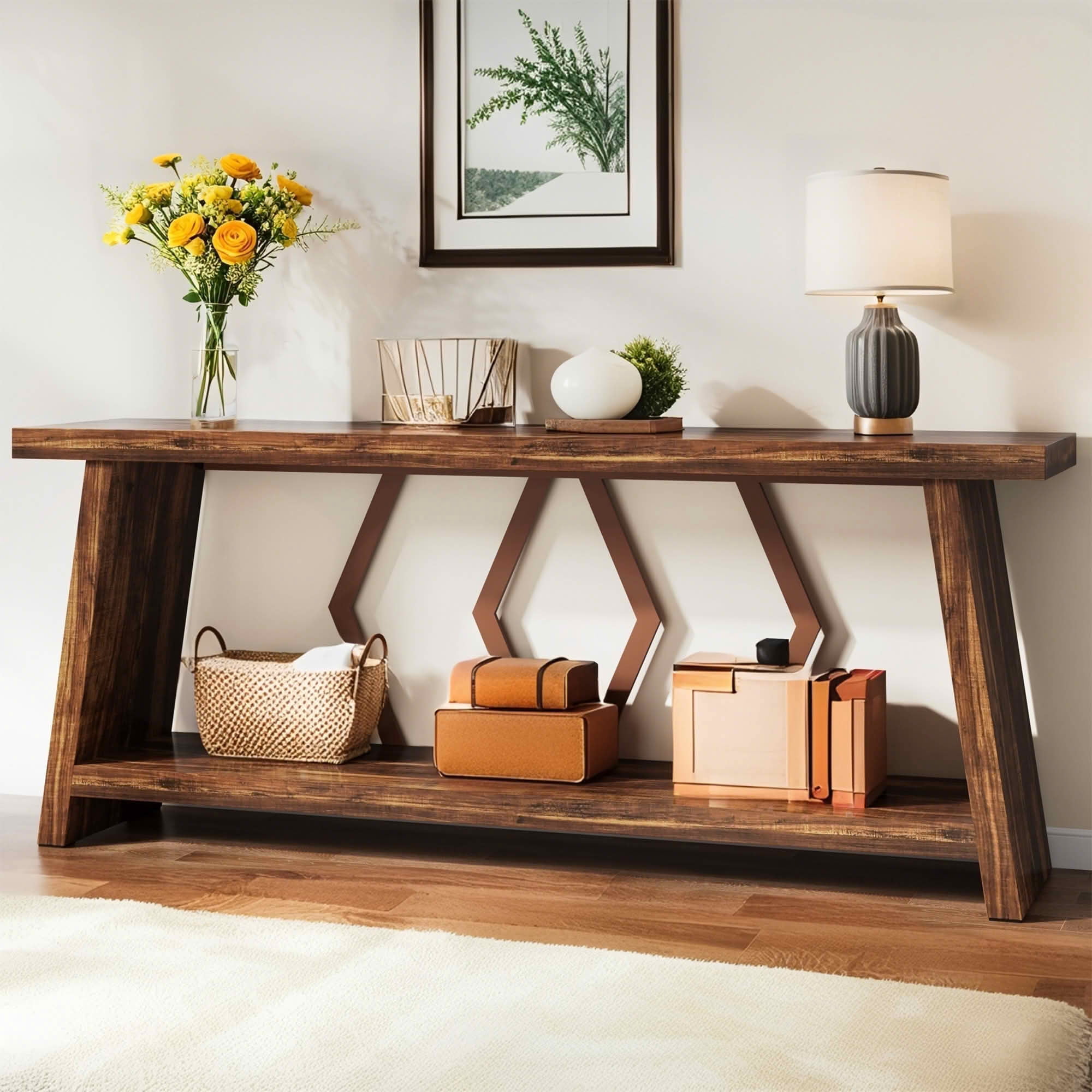 MAYEERTY 70.86" Extra Long 2-Tier Console Table, 1.97" Thick Wood Top Angular Rustic Metal Frame Sofa Table