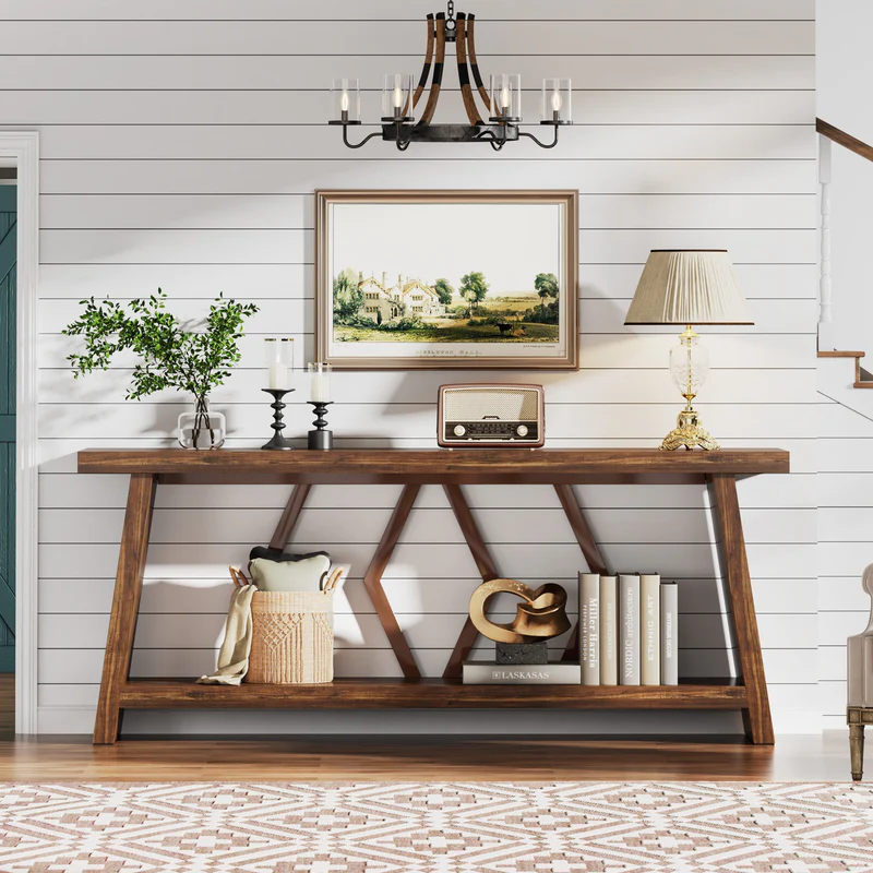 MAYEERTY 70.86" Extra Long 2-Tier Console Table, Rustic Sofa Table with Metal Frame