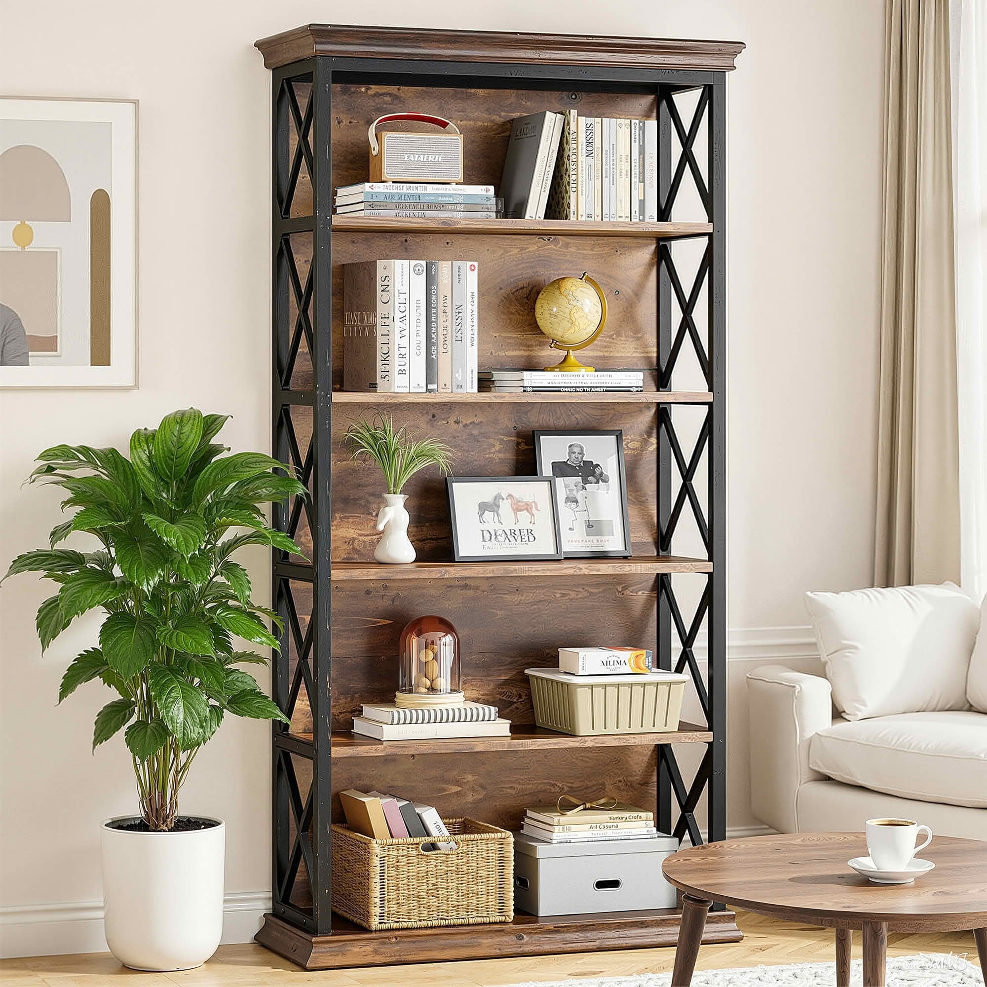 MAYEERTY 70.87" 6-Tier Bookshelf, Metal Wood Etagere Bookcase with X-Shaped Frame, Heavy Duty Storage Display Rack for Home Office Bedroom