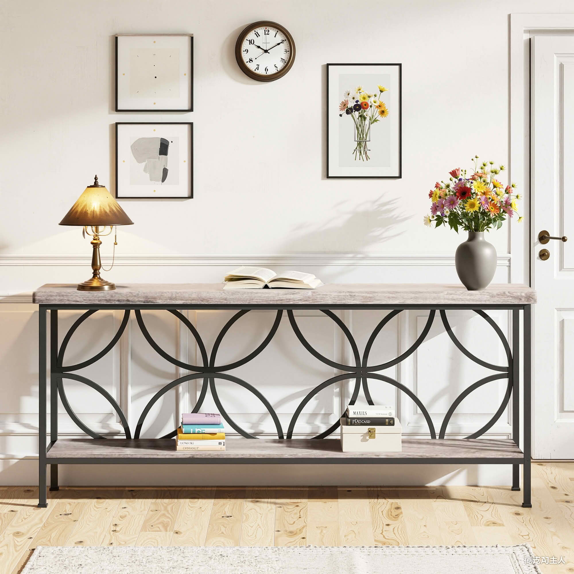 MAYEERTY 70.9" 2-Tier Industrial Console Table, Rustic Wood Top Black Metal Frame Sofa Table with Adjustable Floor Pads