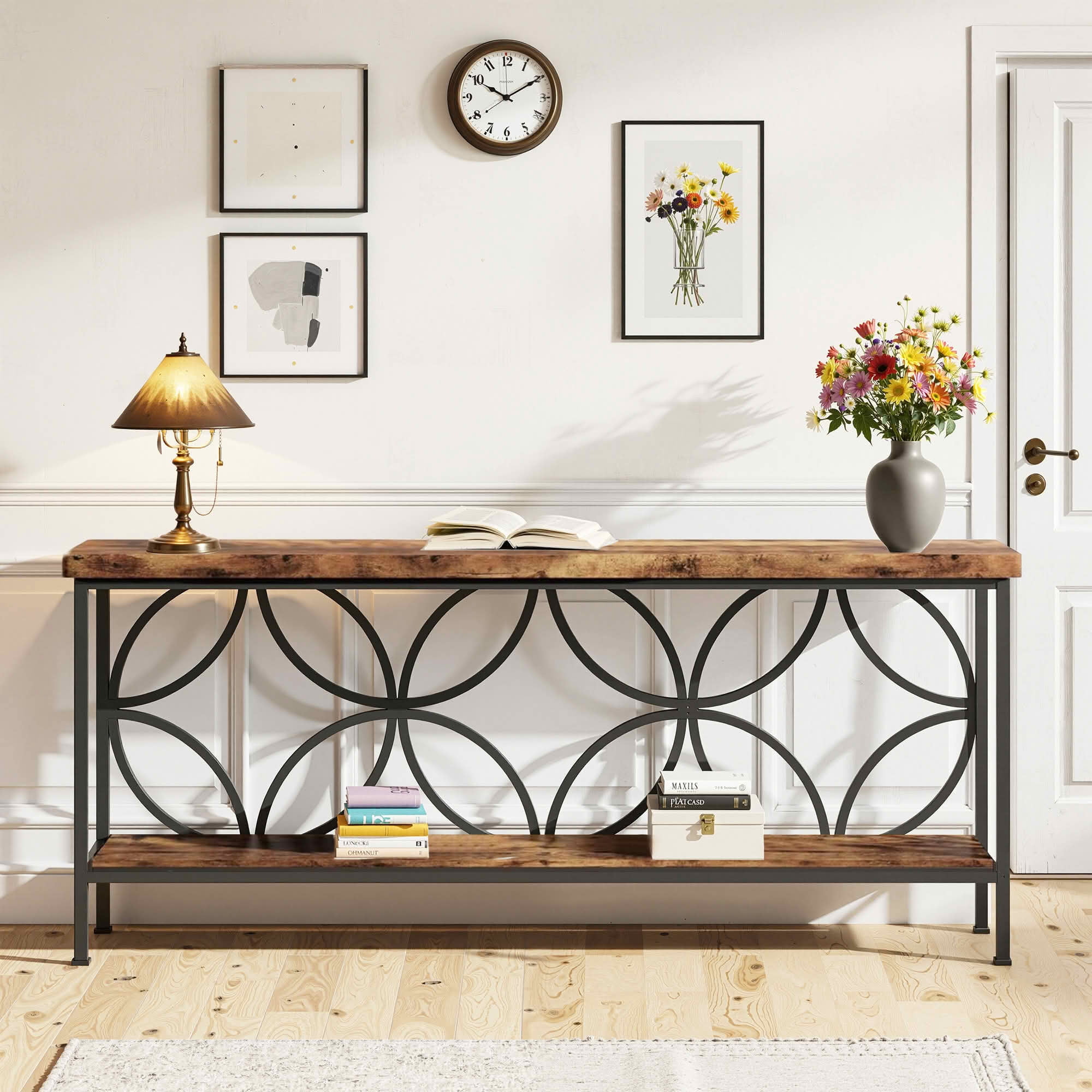 MAYEERTY 70.9" 2-Tier Industrial Console Table, Rustic Wood Top Black Metal Frame Sofa Table with Adjustable Floor Pads