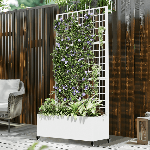 MAYEERTY 70.9"×35.4"×15.7" White Iron Rectangular Planter Box with Trellis - Grid Pattern, Perfect for Climbing Plants