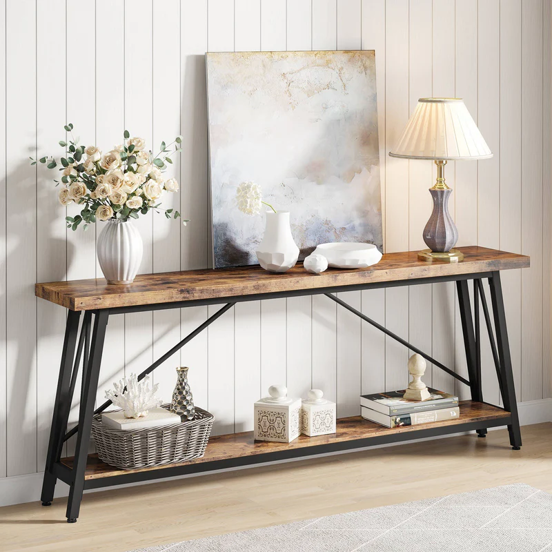 MAYEERTY Industrial 2-Tier Sofa Table 1.57" MDF Triangular Structure Home Decor