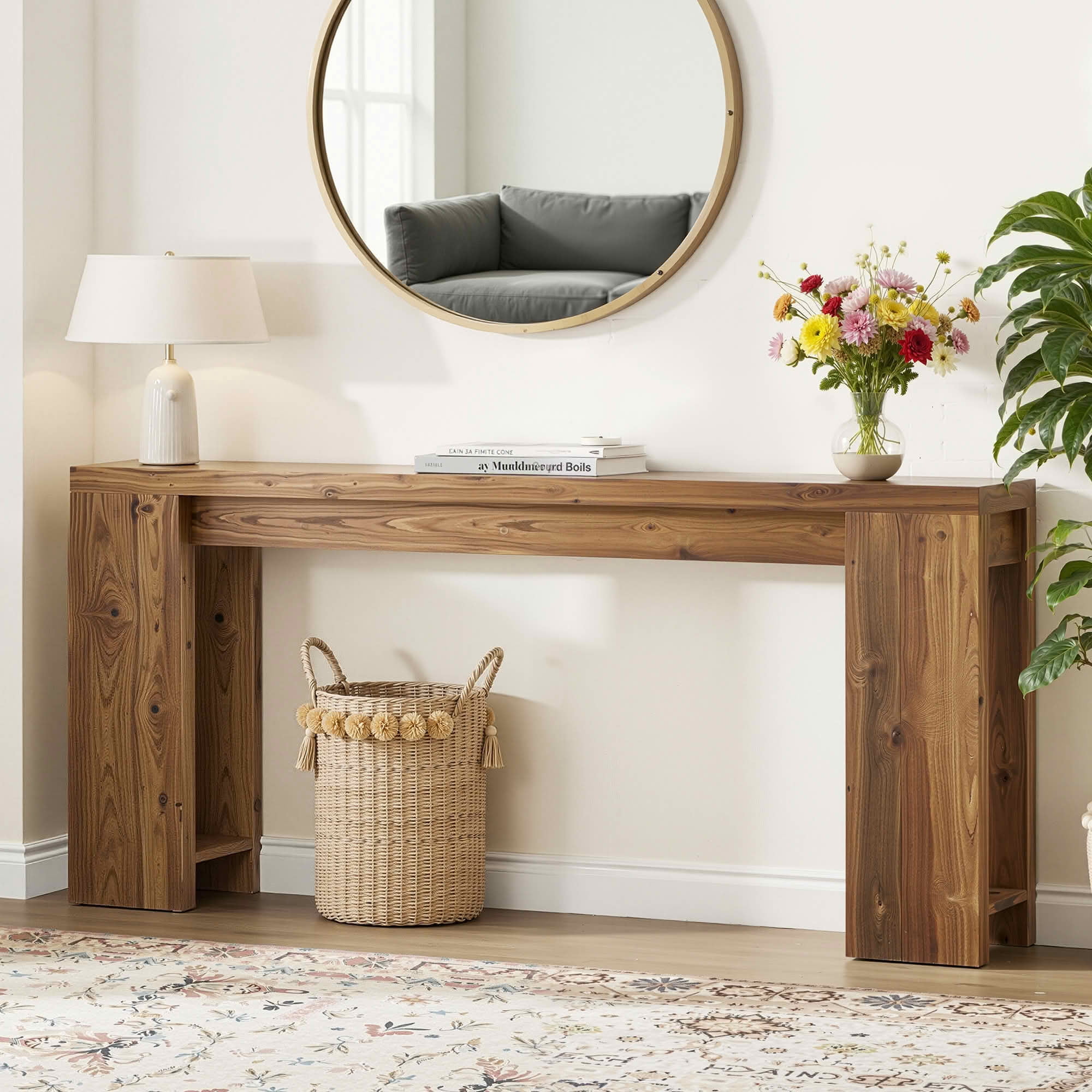 MAYEERTY 70.9" Extra Long Farmhouse Narrow Console Table, 2" Thick Rustic Brown MDF Sofa Table with Adjustable Floor Pads