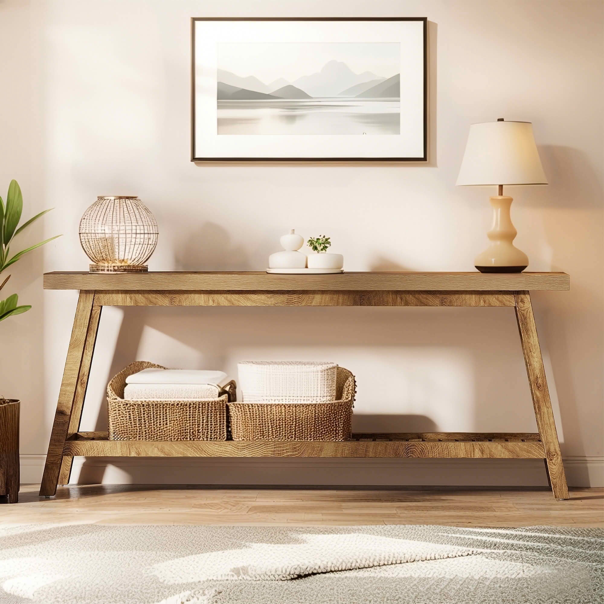 MAYEERTY 70.9" Farmhouse 2-Tier Console Table, Vintage Wood Trapezoid Heavy Base Entryway Sofa Table
