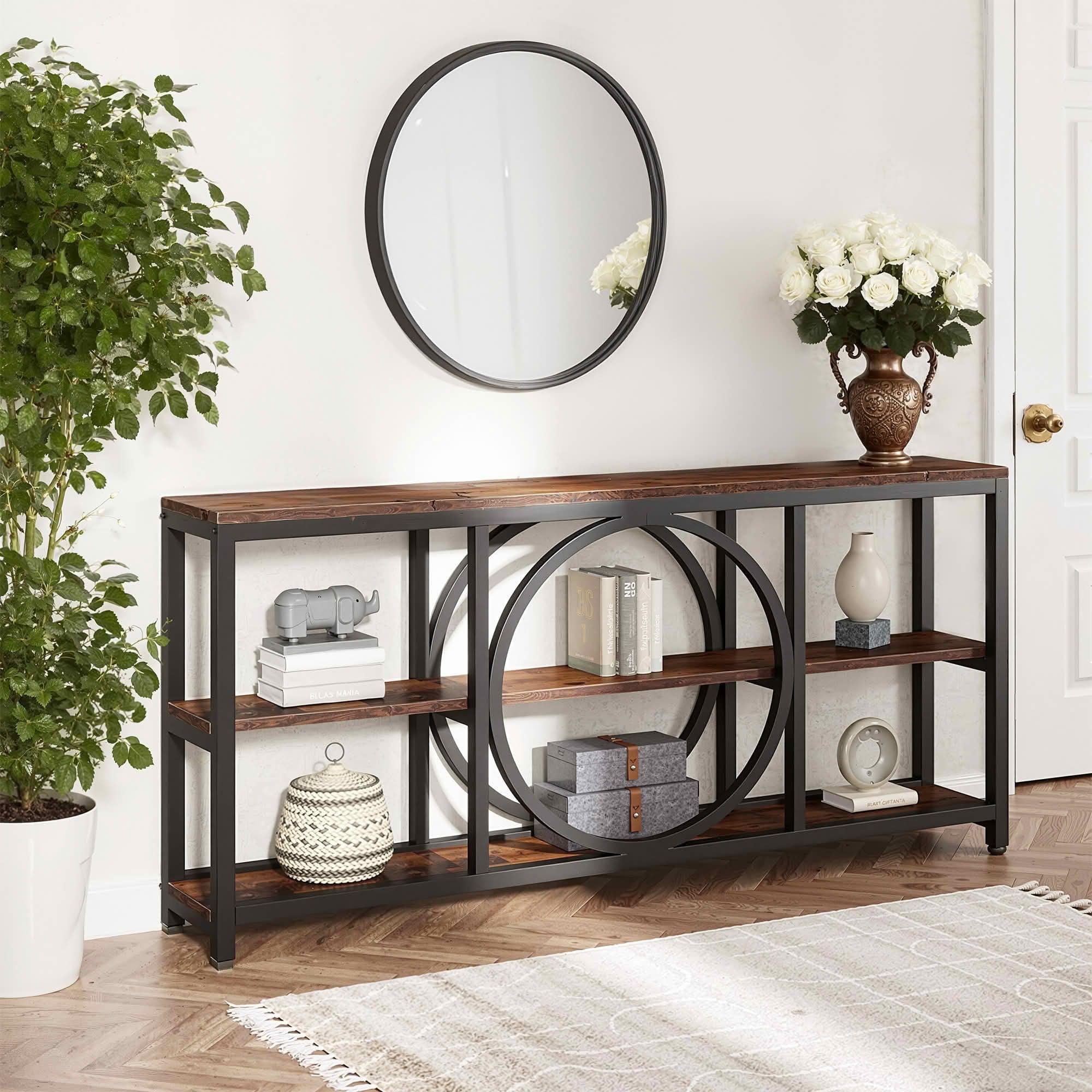 MAYEERTY 70.9" Narrow 3-Tier Console Table, Circular Black Metal Frame Waterproof MDF Sofa Table for Entryway Living Room