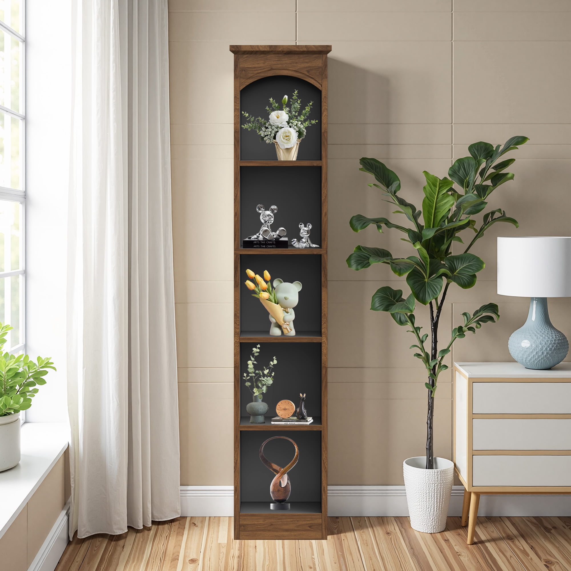 MAYEERTY Slim Narrow 5-Cube Corner Bookcase, 70.9" White Oak Mix Vertical Display Storage Rack