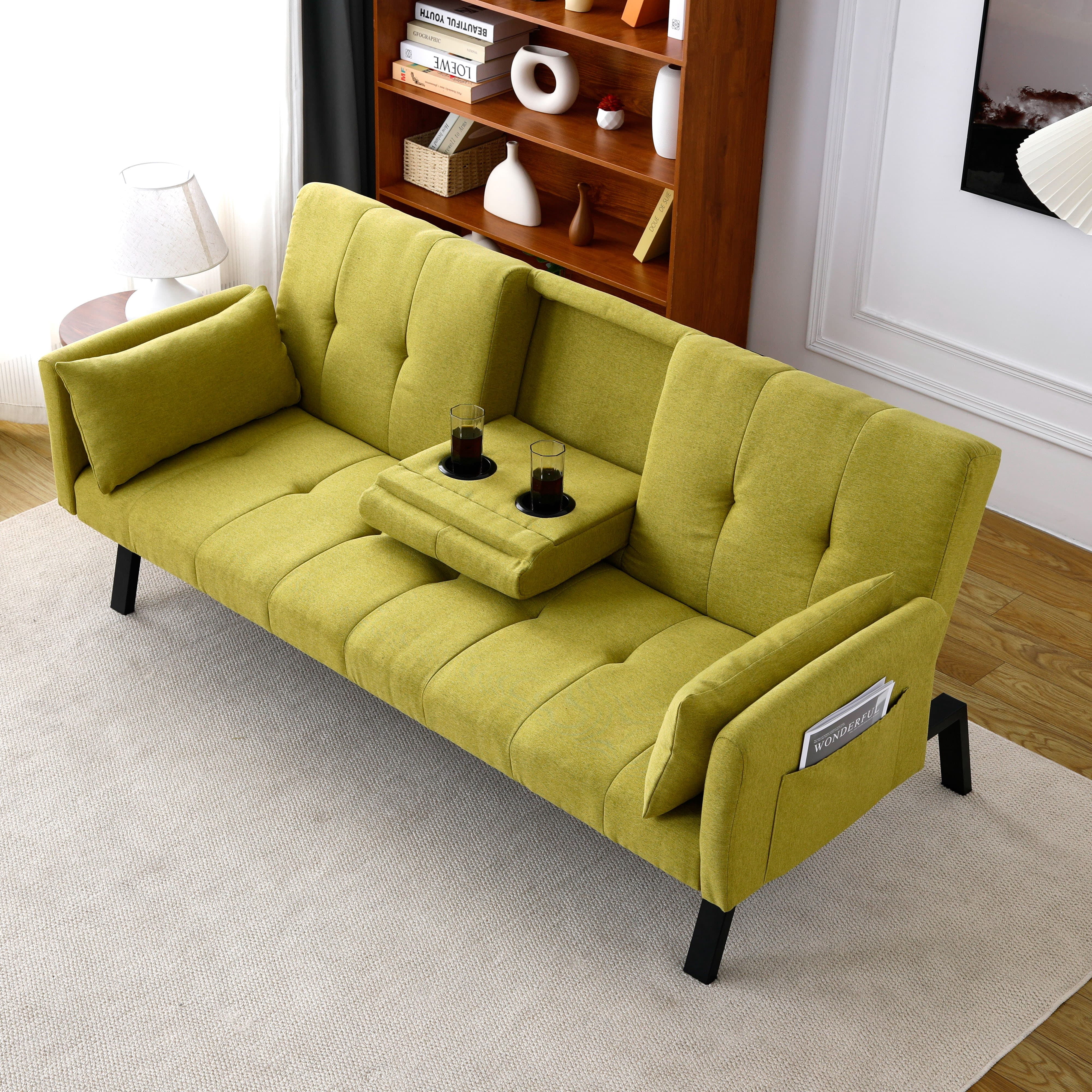 MAYEERTY 70" Linen Sofa Bed Foldable Sofa Couch with Cup Holder and Side Storage for Living Room, Bedroom and Apartment, Green