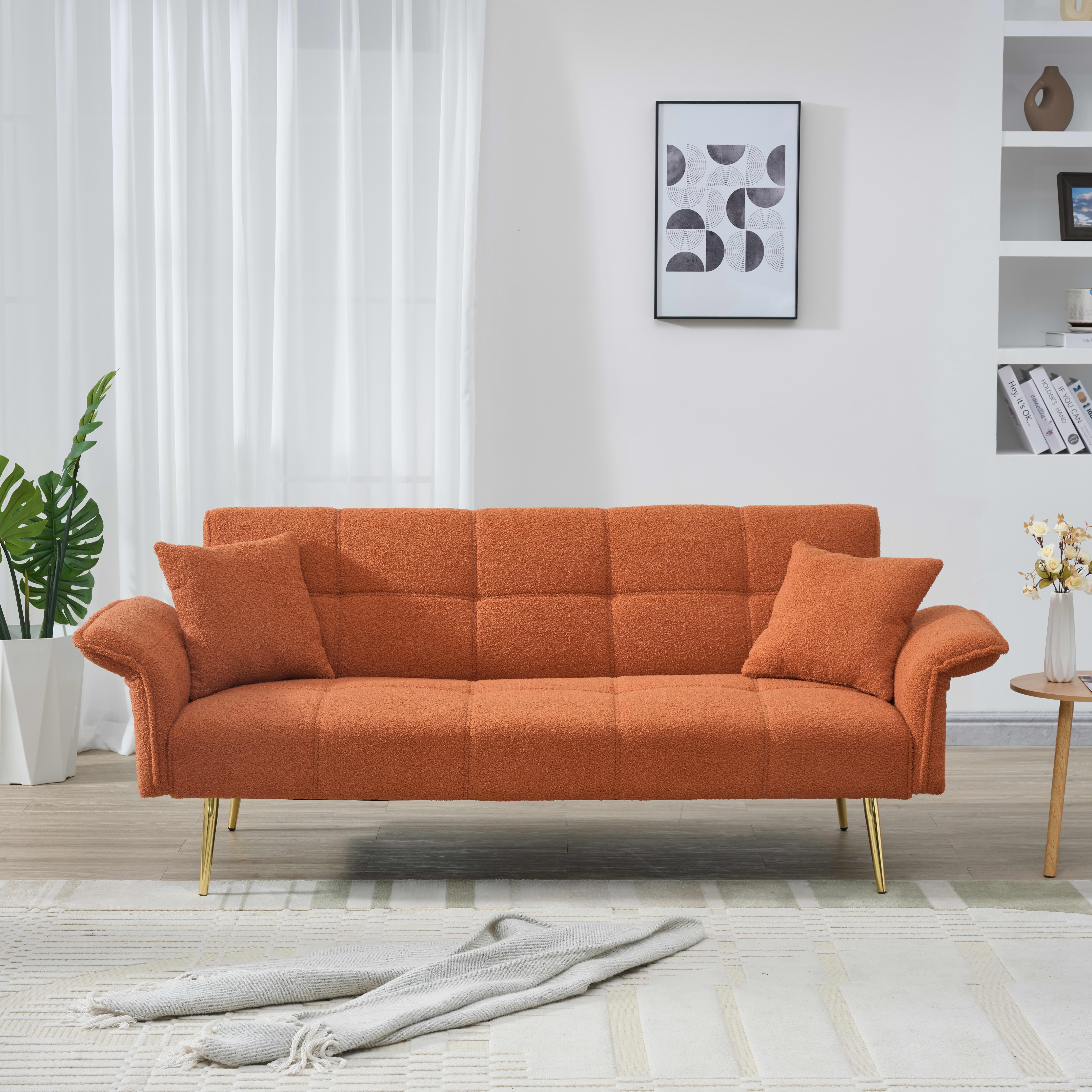 MAYEERTY 70" Orange Teddy Fleece Convertible Futon Sofa Bed, Adjustable Back Wood Frame Couch for Living Room Apartment