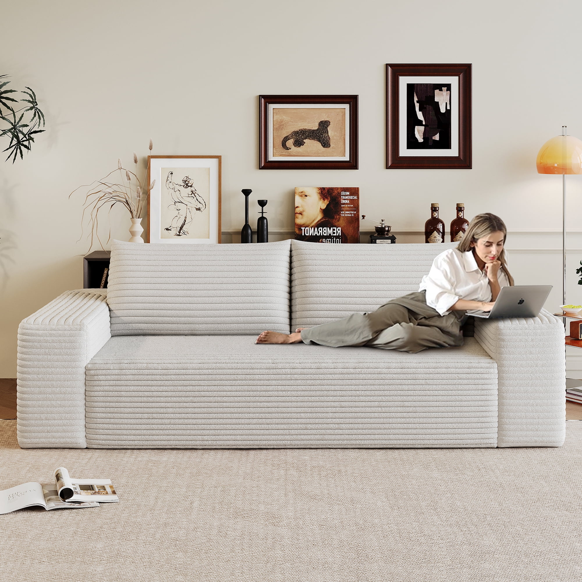MAYEERTY 71" 3-Seater Sofa White Corduroy Fabric Deep Seat Comfy Loveseat No Assembly 1pcs for Living Room/Bedroom/Conference Room/Apartment