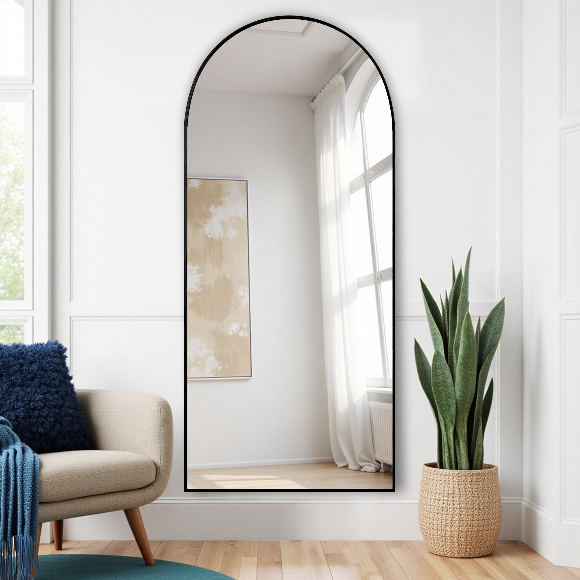 MAYEERTY 71*32*0.6in Full Body Mirror for Bedroom, Aluminum Frame, Right-Angle Arch with Stand, Black