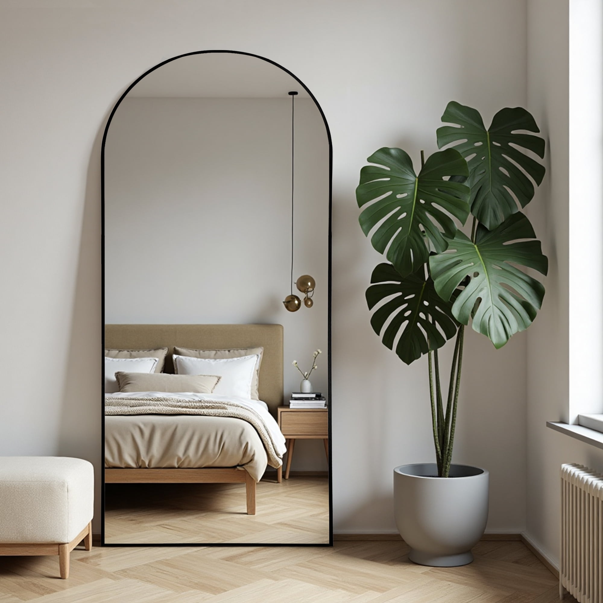 MAYEERTY 71*32*1.6in Full Body Mirror for Bedroom, Aluminum Frame, Right-Angle Arch with Stand, Black