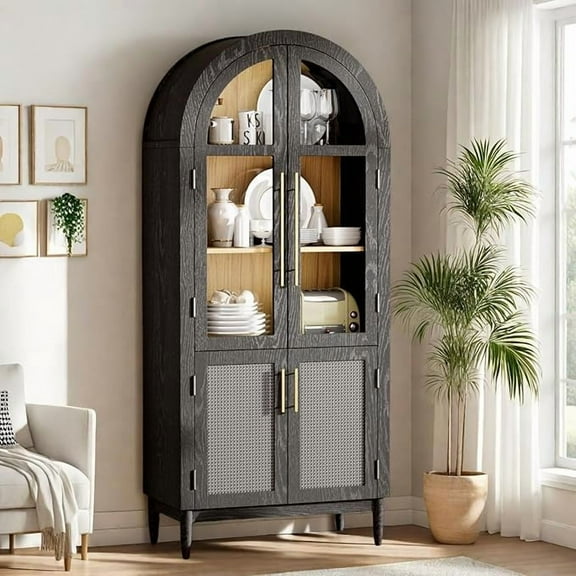 MAYEERTY 71"H Arched Accent Cabinet, Wood Kitchen Pantry Cabinets with Glass Rattan Door and Adjustable Shelf for Living Room, Dining Room, Black