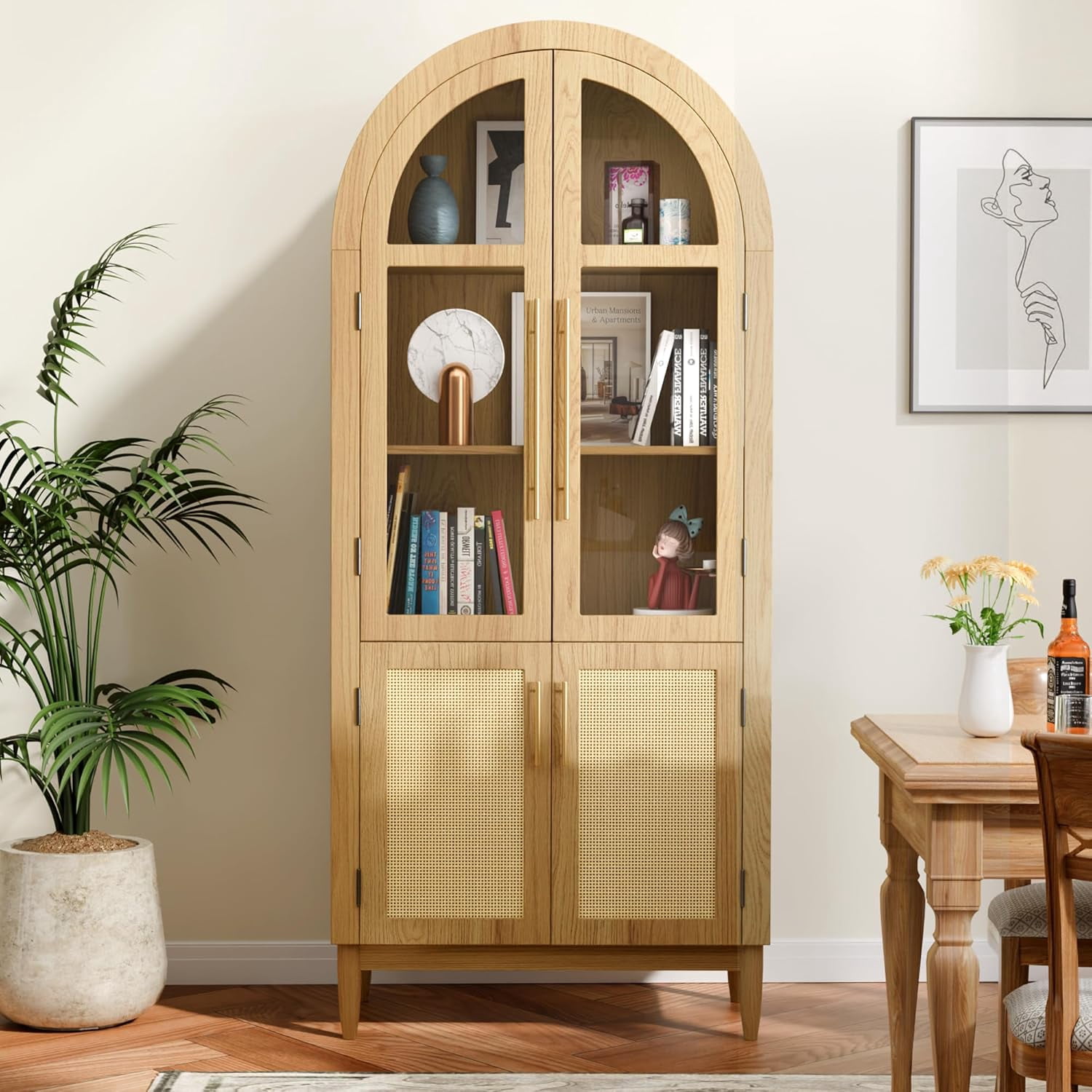 MAYEERTY 71"H Arched Accent Cabinet, Wood Kitchen Pantry Cabinets with Glass Rattan Door and Adjustable Shelf for Living Room, Dining Room, Natrual