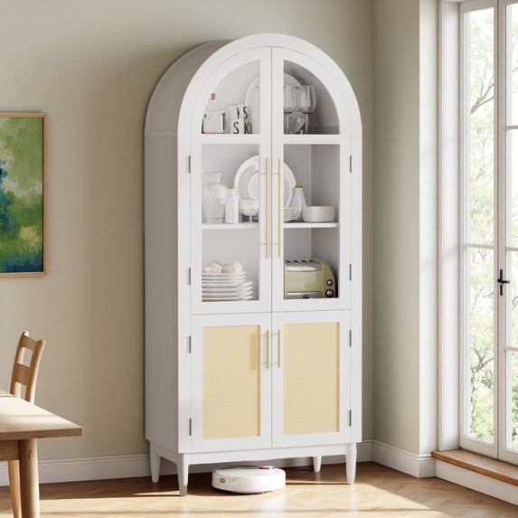 MAYEERTY 71"H Arched Accent Cabinet, Wood Kitchen Pantry Cabinets with Glass Rattan Door and Adjustable Shelf for Living Room, Dining Room, White