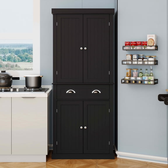 MAYEERTY 71-Inch Kitchen Pantry Storage Cabinet, Freestanding Cupboard with 4 Doors 1 Drawer 2 Adjustable Shelves Black