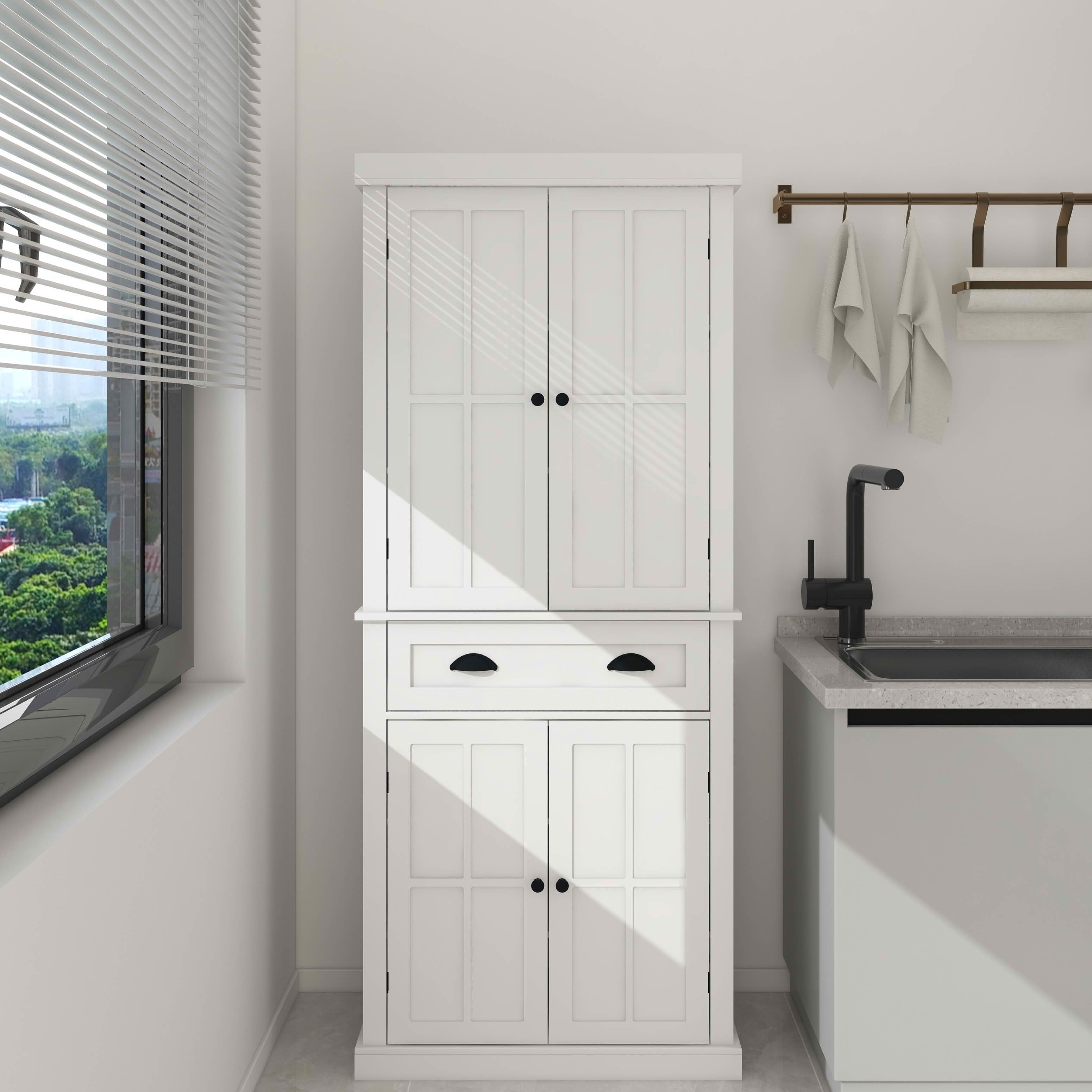 MAYEERTY 71-Inch Kitchen Pantry Storage Cabinet, Freestanding Cupboard with 4 Doors 1 Drawer 2 Adjustable Shelves White