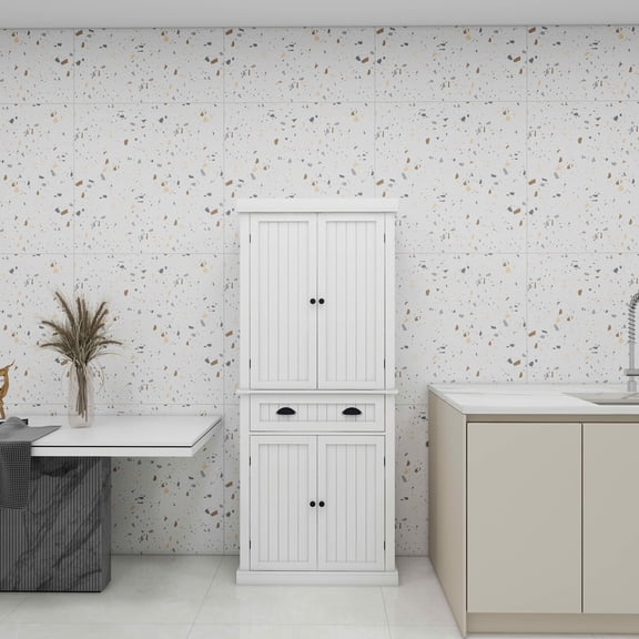 MAYEERTY 71-Inch Kitchen Pantry Storage Cabinet, Freestanding Cupboard with 4 Doors 1 Drawer 2 Adjustable Shelves White