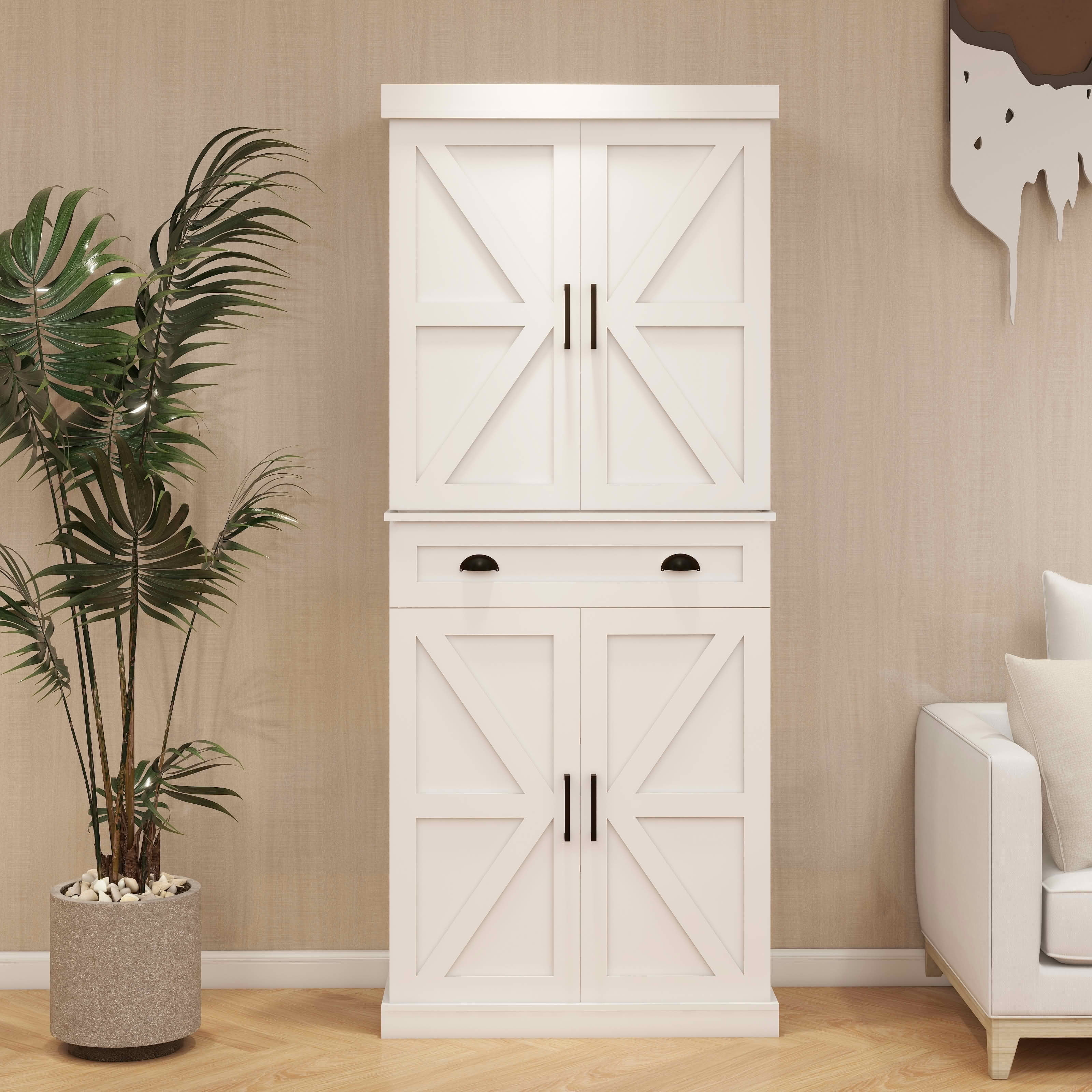 MAYEERTY 71-Inch Kitchen Pantry Storage Cabinet, Freestanding Cupboard with 4 Doors 2 Rack Doors 1 Drawer 2 Adjustable Shelves White