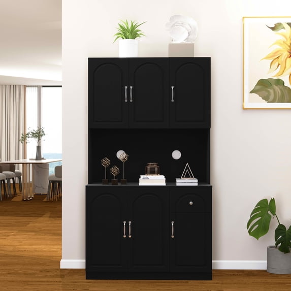 MAYEERTY 71-Inch Kitchen Pantry Storage Cabinet, Freestanding Hutch with Microwave Countertop 6 Doors 1 Drawer Black