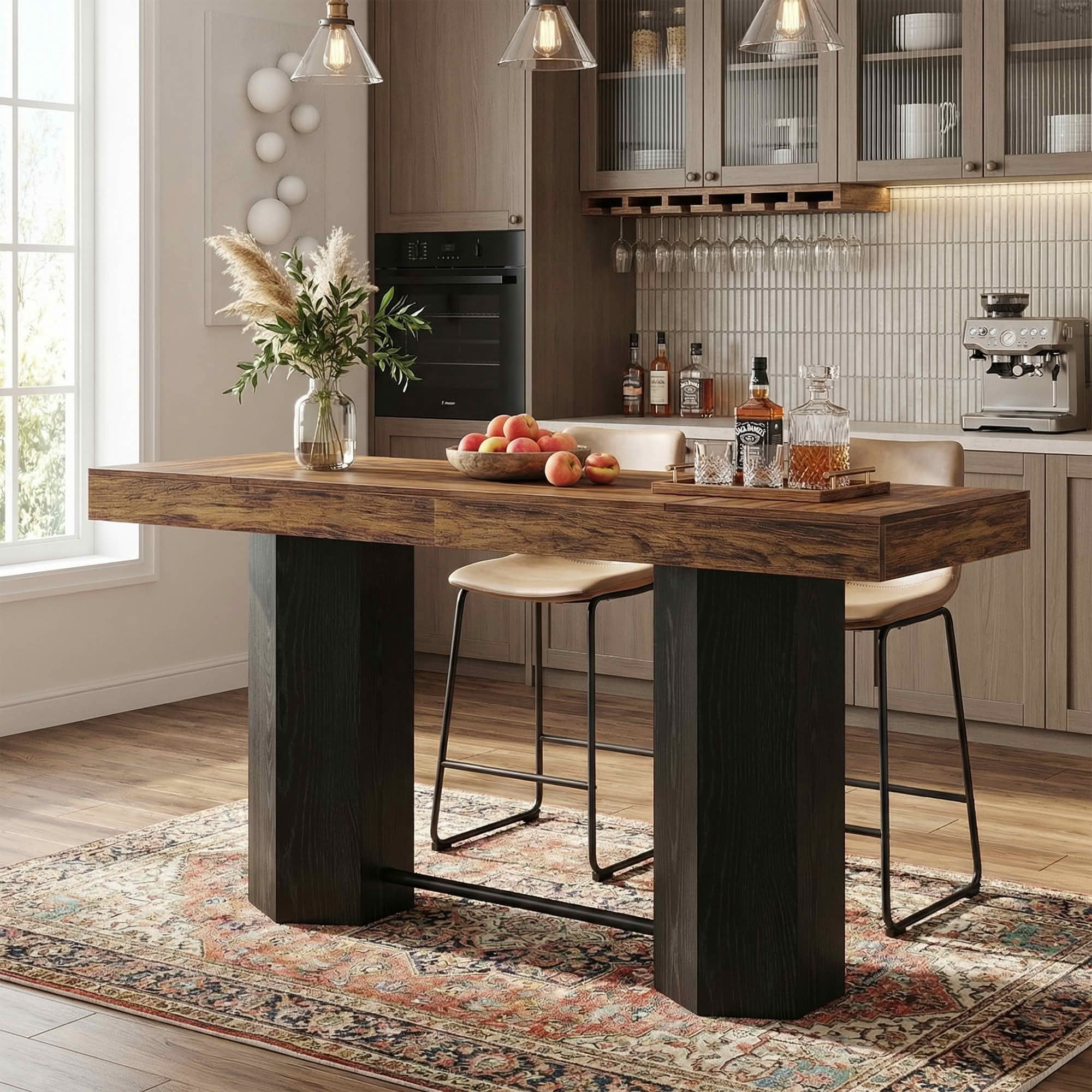 MAYEERTY 71" Industrial Bar Height Table, Walnut Woodgrain MDF Top 4-6 Person Home Bar Table with Hexagonal Base, 300lbs Capacity