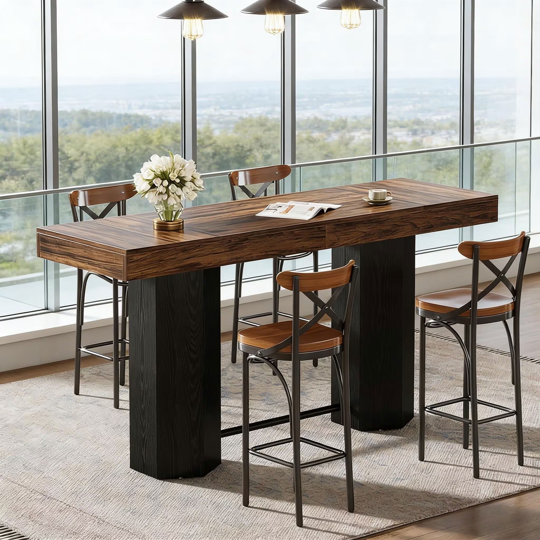 MAYEERTY 71" Industrial Bar Table, Counter Height Bistro Pub Table with Footrest, Home Bar Unit for Kitchen, Dining Room, and Living Room