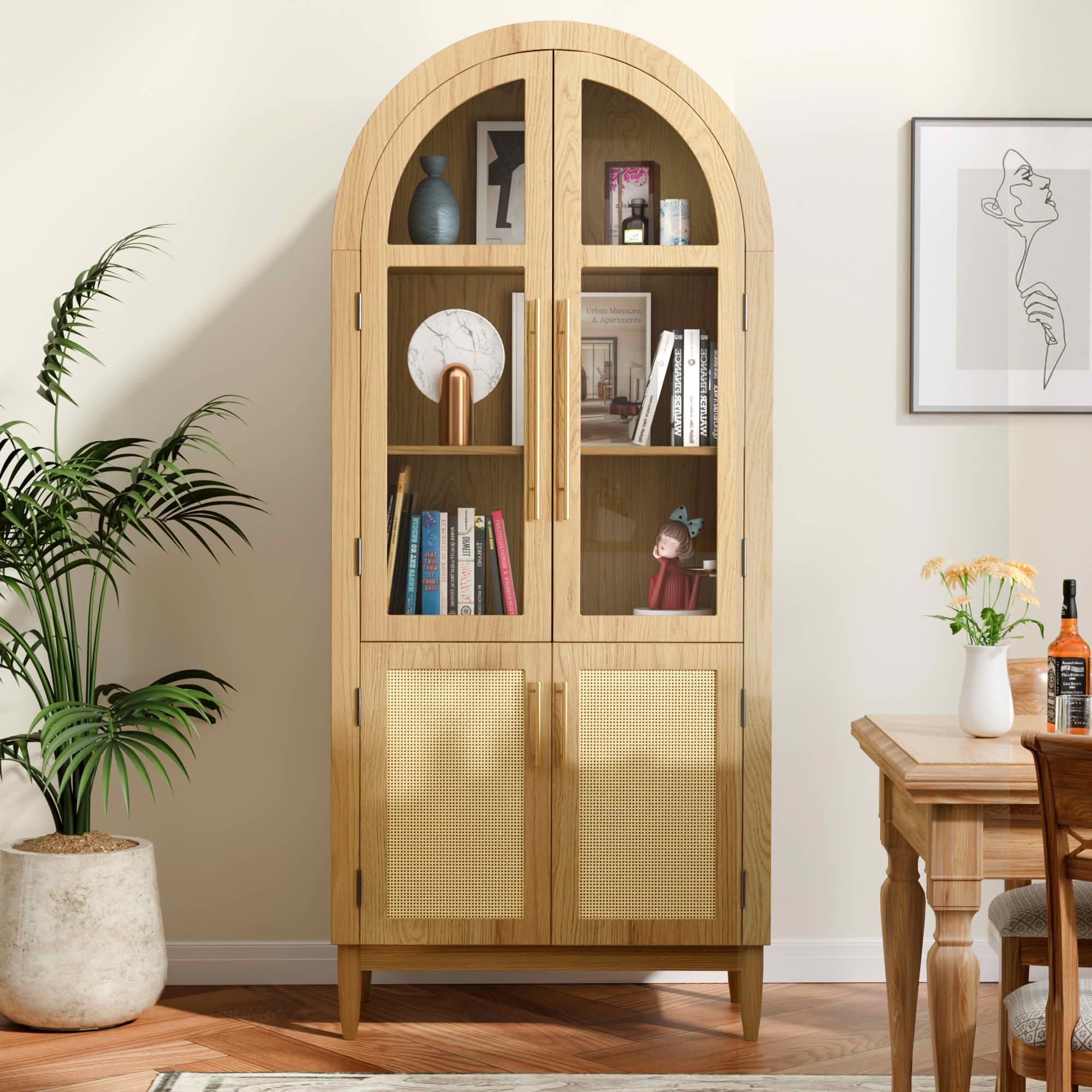 MAYEERTY 71" Oak Arch Cabinet with Glass Doors, for Living Room Dining Room