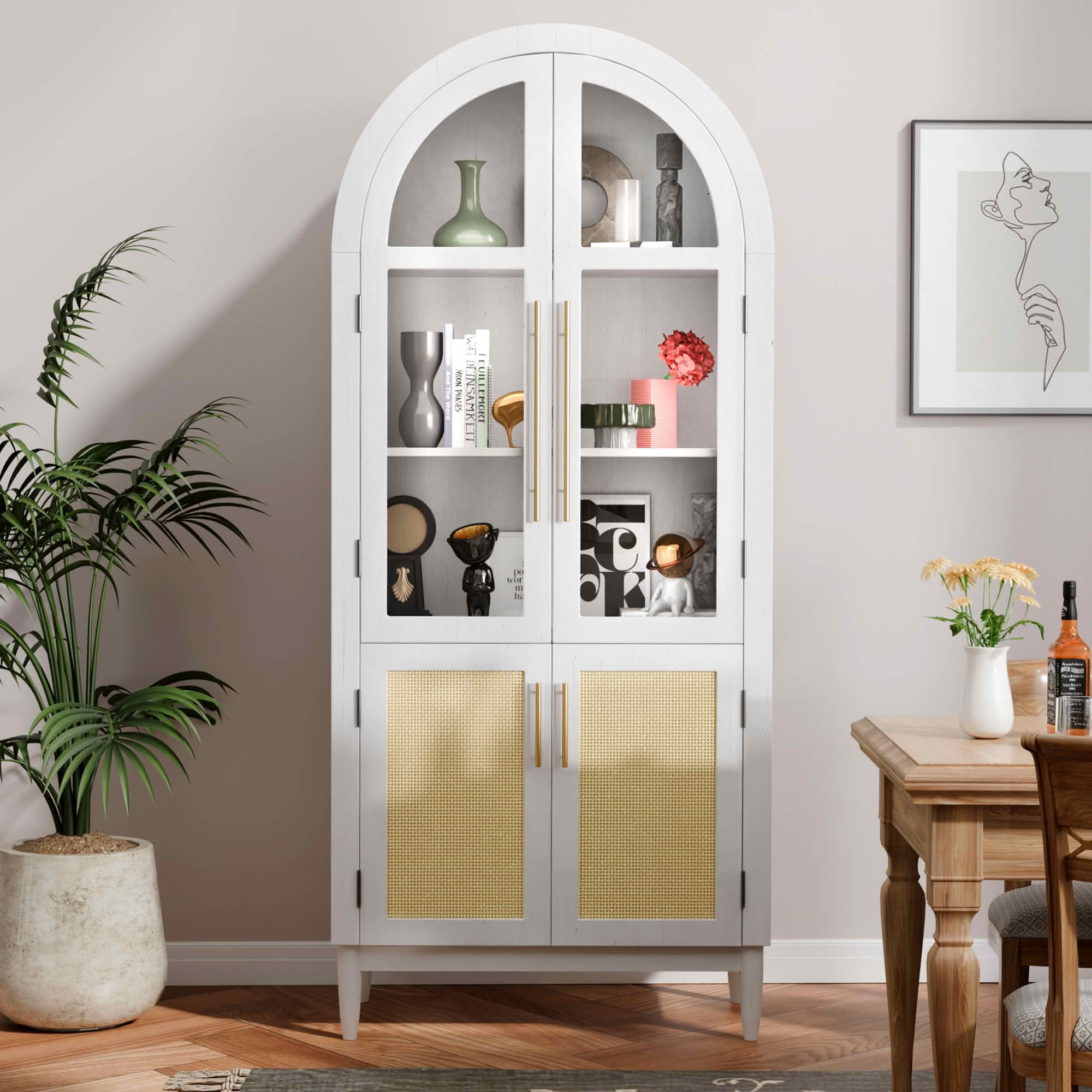 MAYEERTY 71" White Arch Cabinet with Glass Doors, for Bedroom Entryway