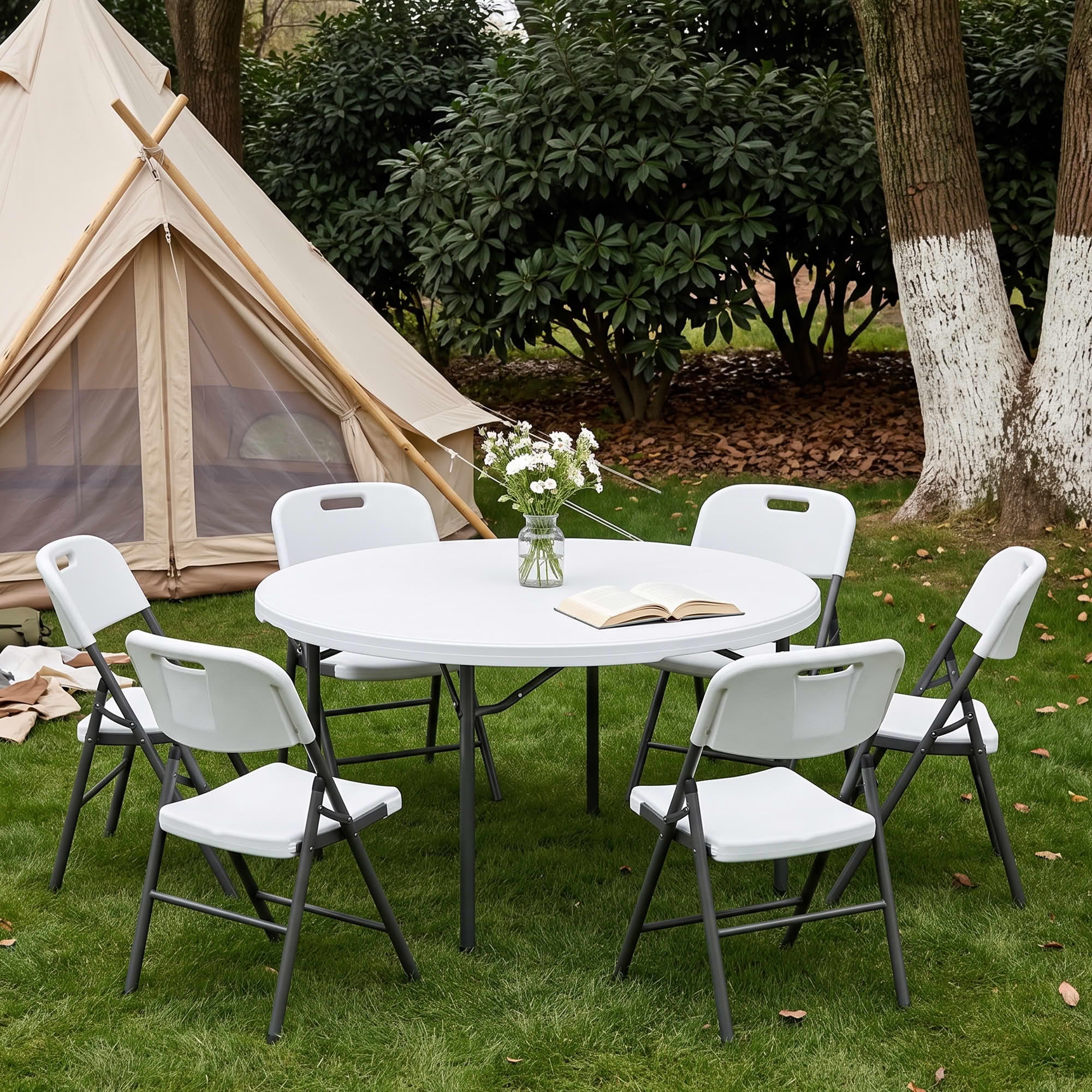 MAYEERTY 71" White Round Blow Mold Folding Table, Foldable Metal Legs Portable Dining Table for Outdoor Party Event