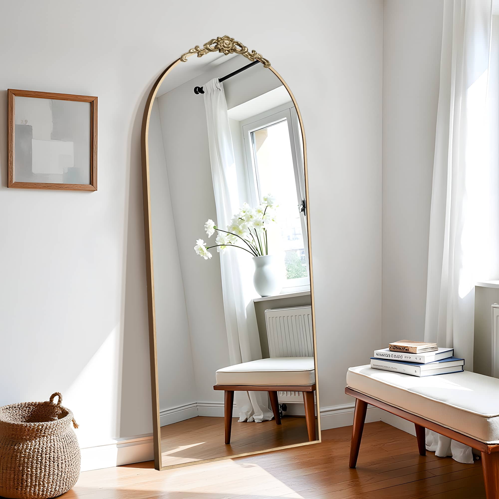 MAYEERTY 71"x31" Aluminum Alloy Full-length Mirror ,Thin Edged Arched Mirror for Bathroom with Bracket, Gold