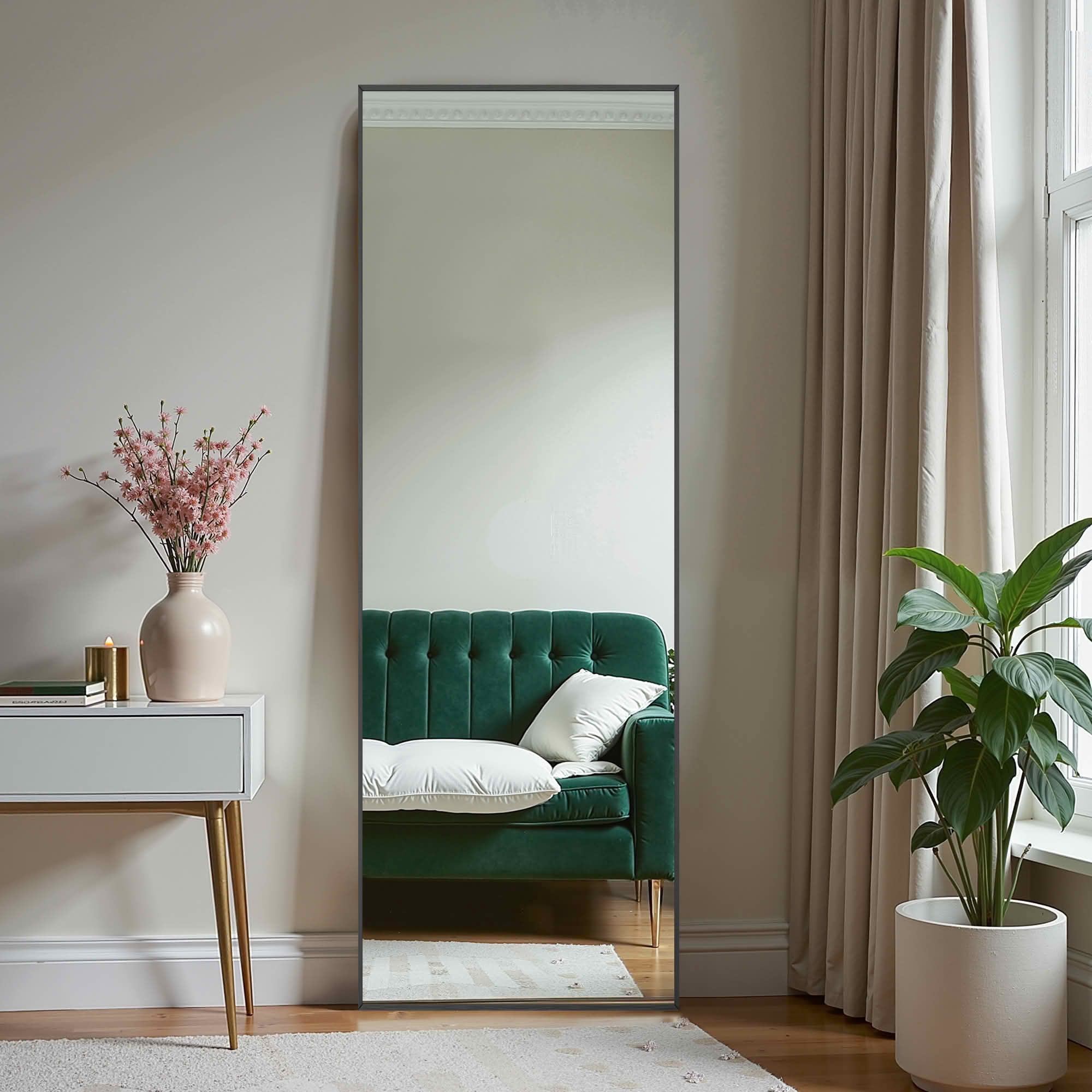 MAYEERTY 71x24x1 Inch Black Thin Edge Aluminum Right Angle Rectangular Full Length Mirror with Stand for Bedroom