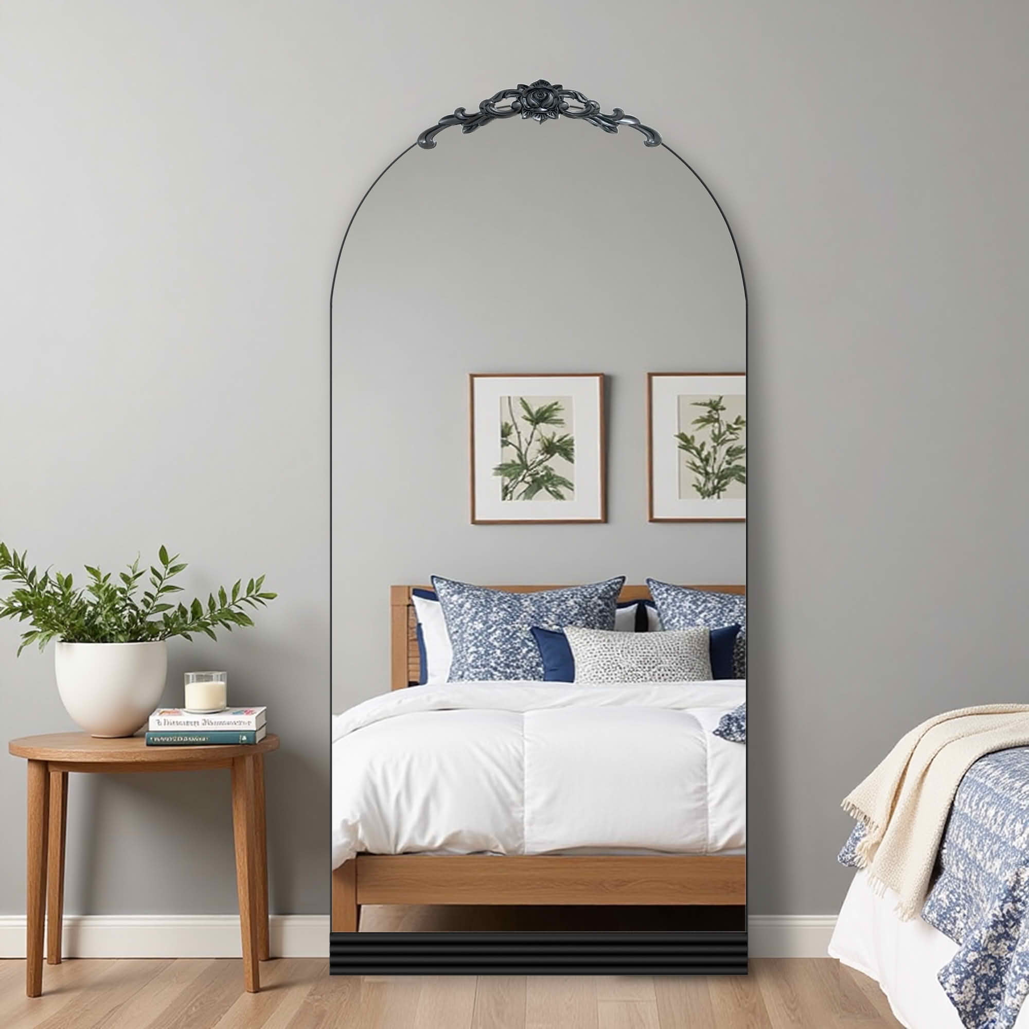 MAYEERTY 71x31x1 Inch Black Wood Bottom Stripe Right Angle Arched Full Length Mirror, No Stand for Bedroom