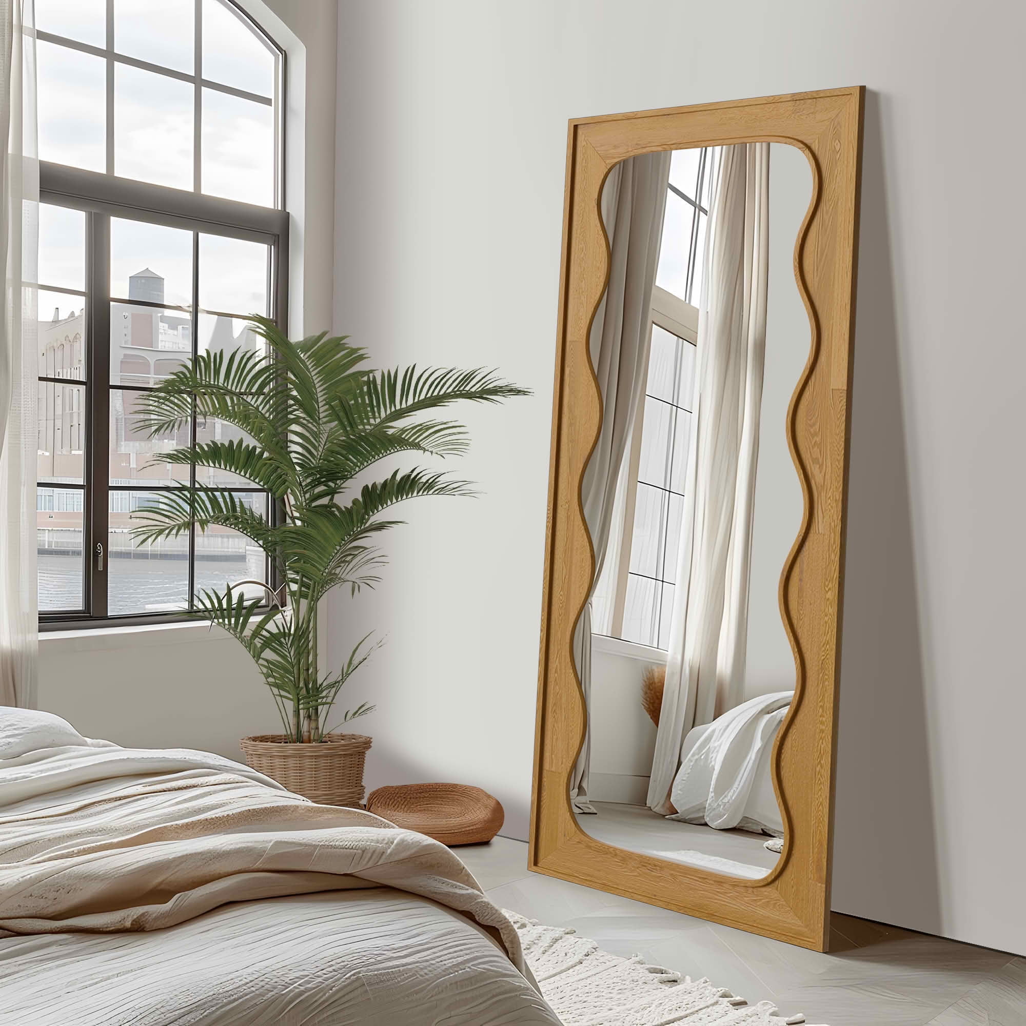 MAYEERTY 71x31x1 Inch Natural Wood Inner Wave Right Angle Rectangular Full Length Mirror, No Stand for Bedroom