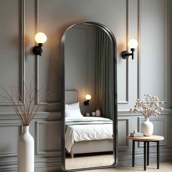 MAYEERTY 71x31x2 Inch Black Painted Aluminum Round Corner Arched Full Length Mirror, Deep, No Stand for Bedroom