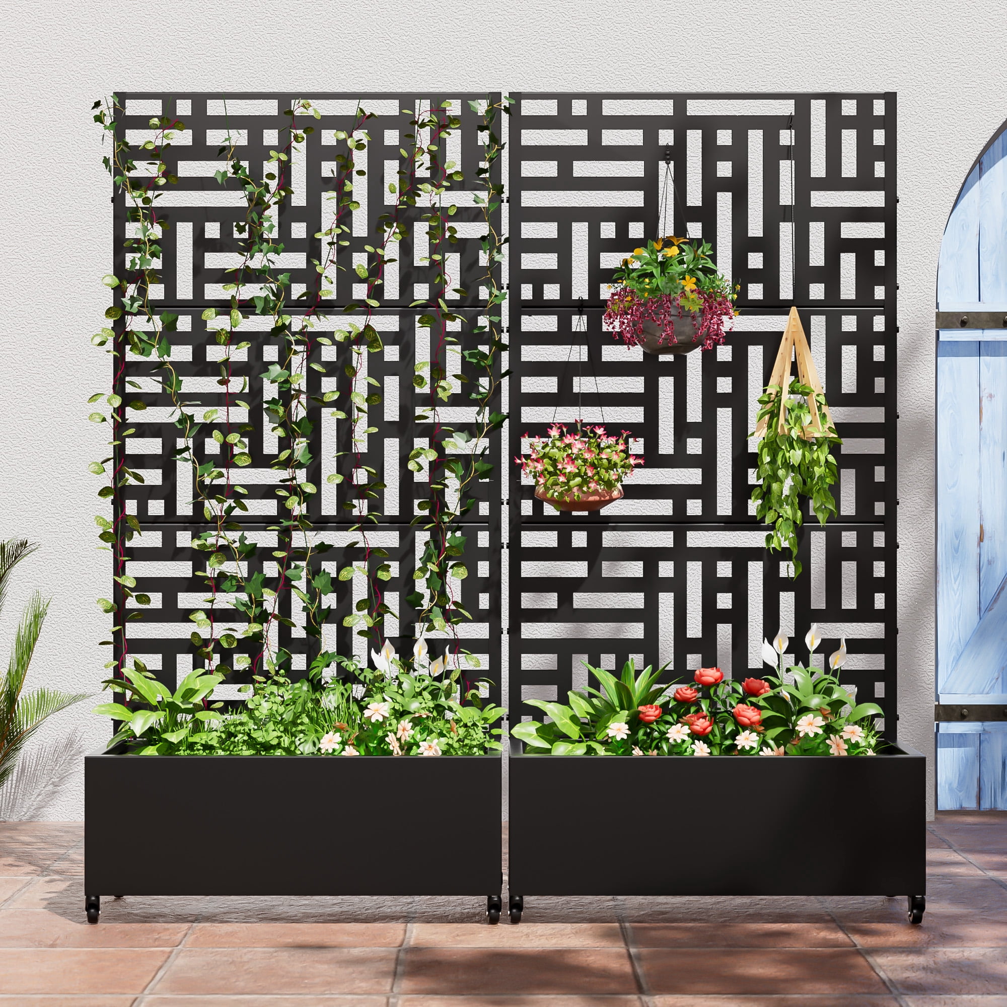 MAYEERTY 71x36in Iron Black Rectangular Planter with Climbing Frame for Patio