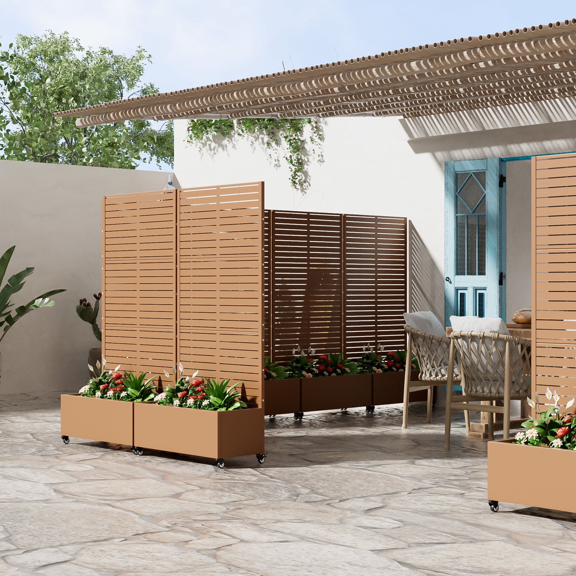 MAYEERTY 72.0"×35.4"×15.7" Brown Iron Planter Box with Trellis - Louvered Classic Style, Fits Outdoor Landscaping