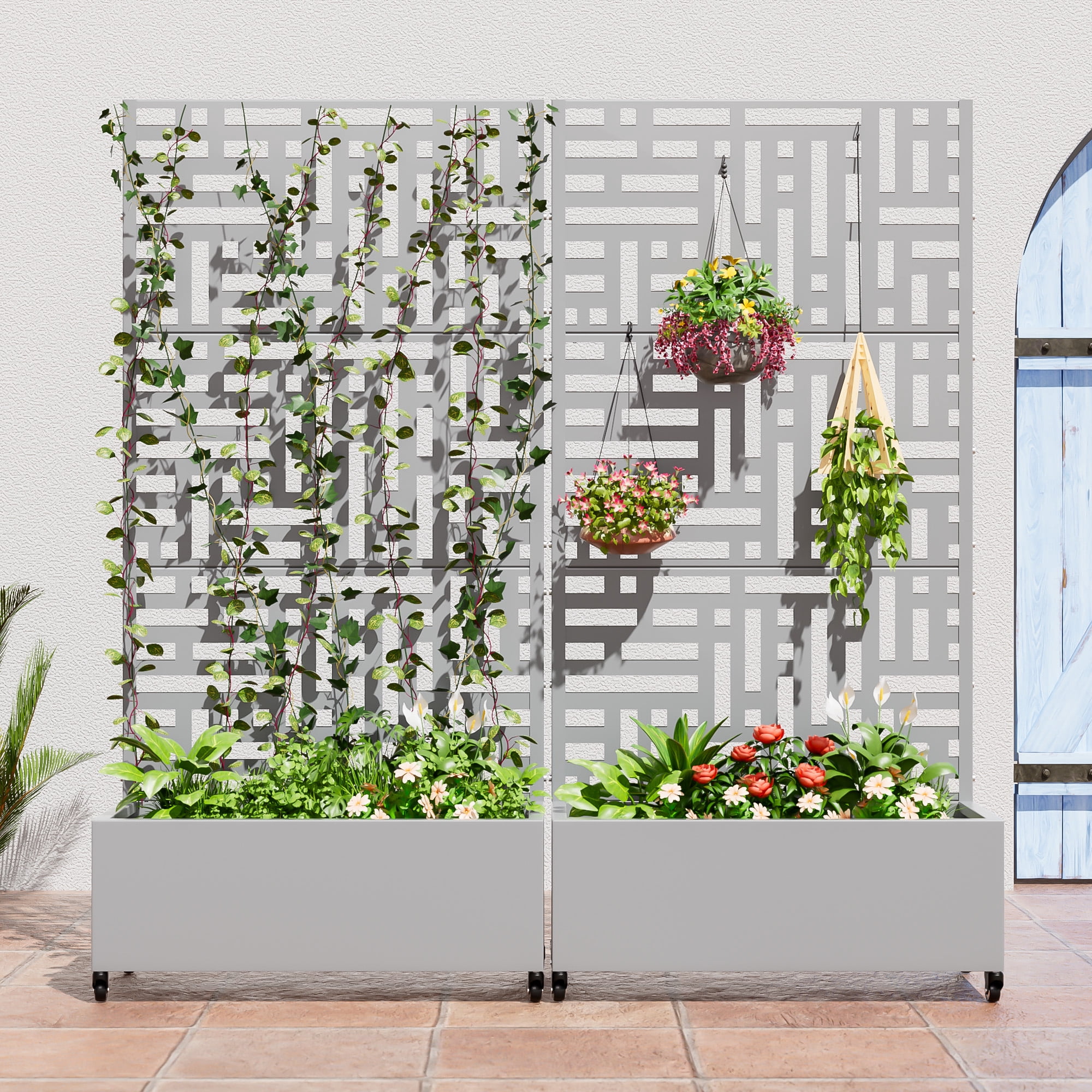 MAYEERTY 72.0"×35.4"×15.7" Gray Iron Planter Box with Trellis - Street-Inspired Design, Sturdy for Climbing Vines