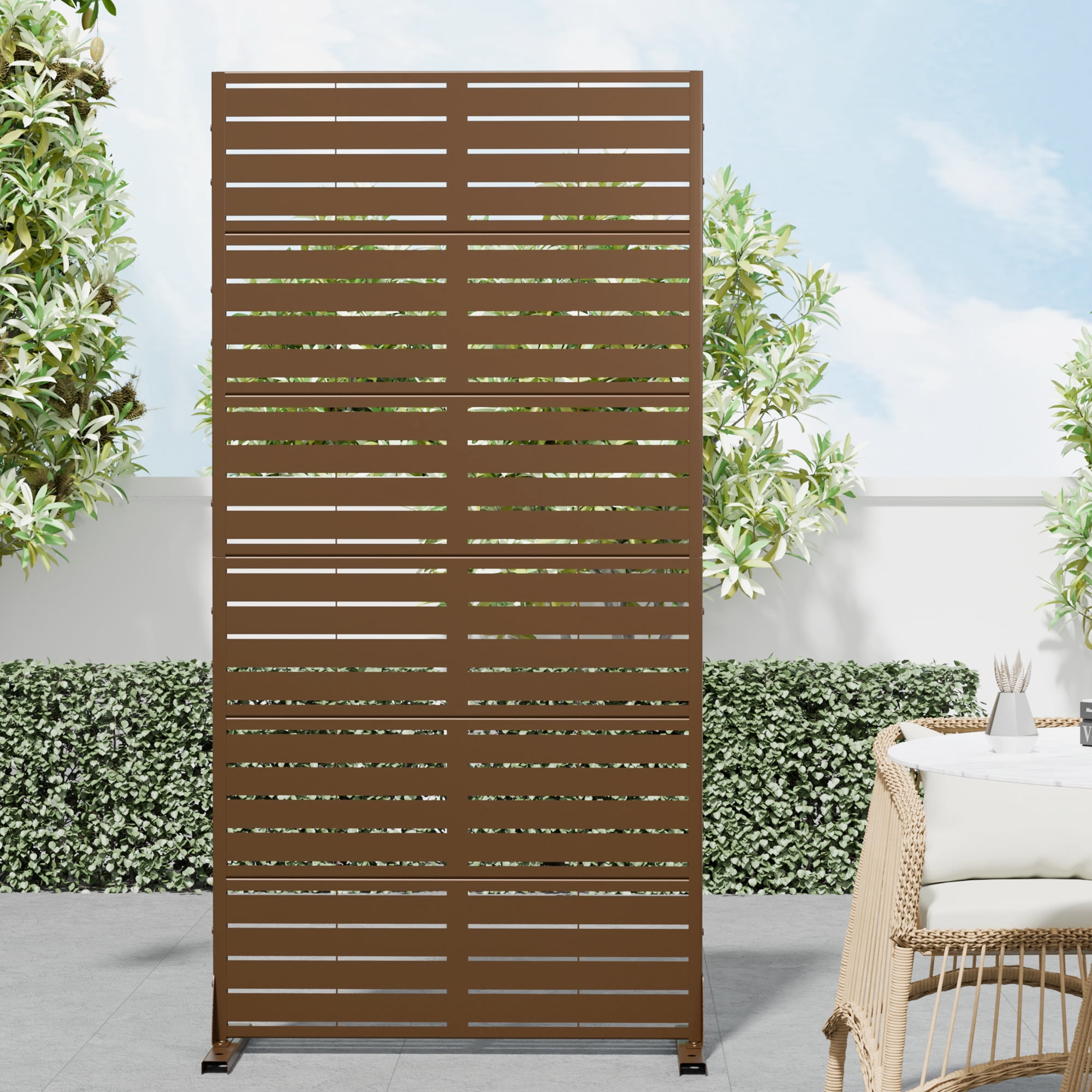 MAYEERTY 72×35" Outdoor Brown Metal Privacy Panel Screen for Backyard & Garden, Louvered Pattern