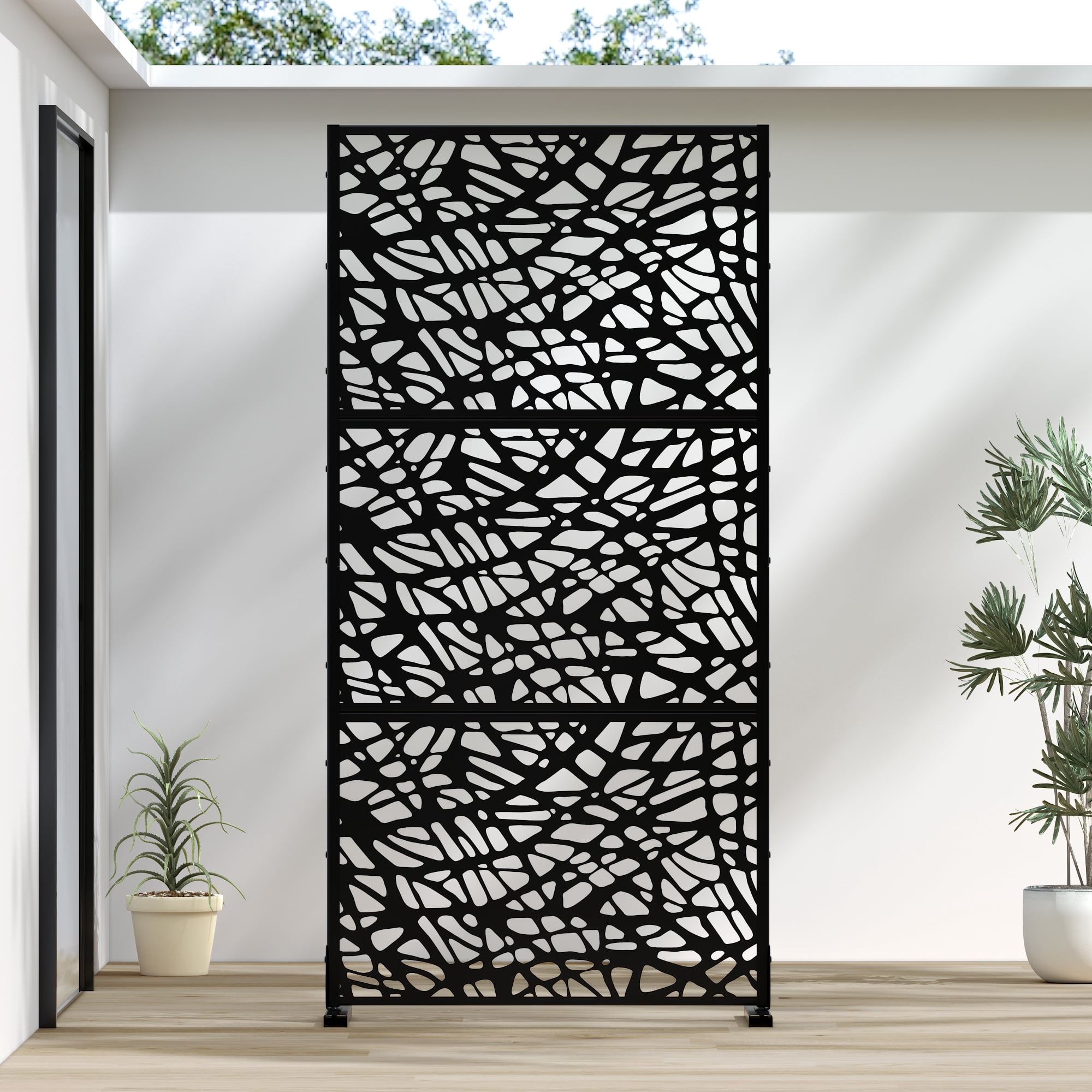 MAYEERTY 72*36" Outdoor Black Metal Freestanding Privacy Panel Screen, Irregular Hollow - Out Pattern