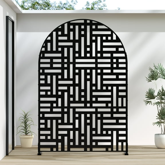 MAYEERTY 72*47" Outdoor Black Arched Metal Freestanding Sheet Privacy Panel Screen for Patio, Street Pattern