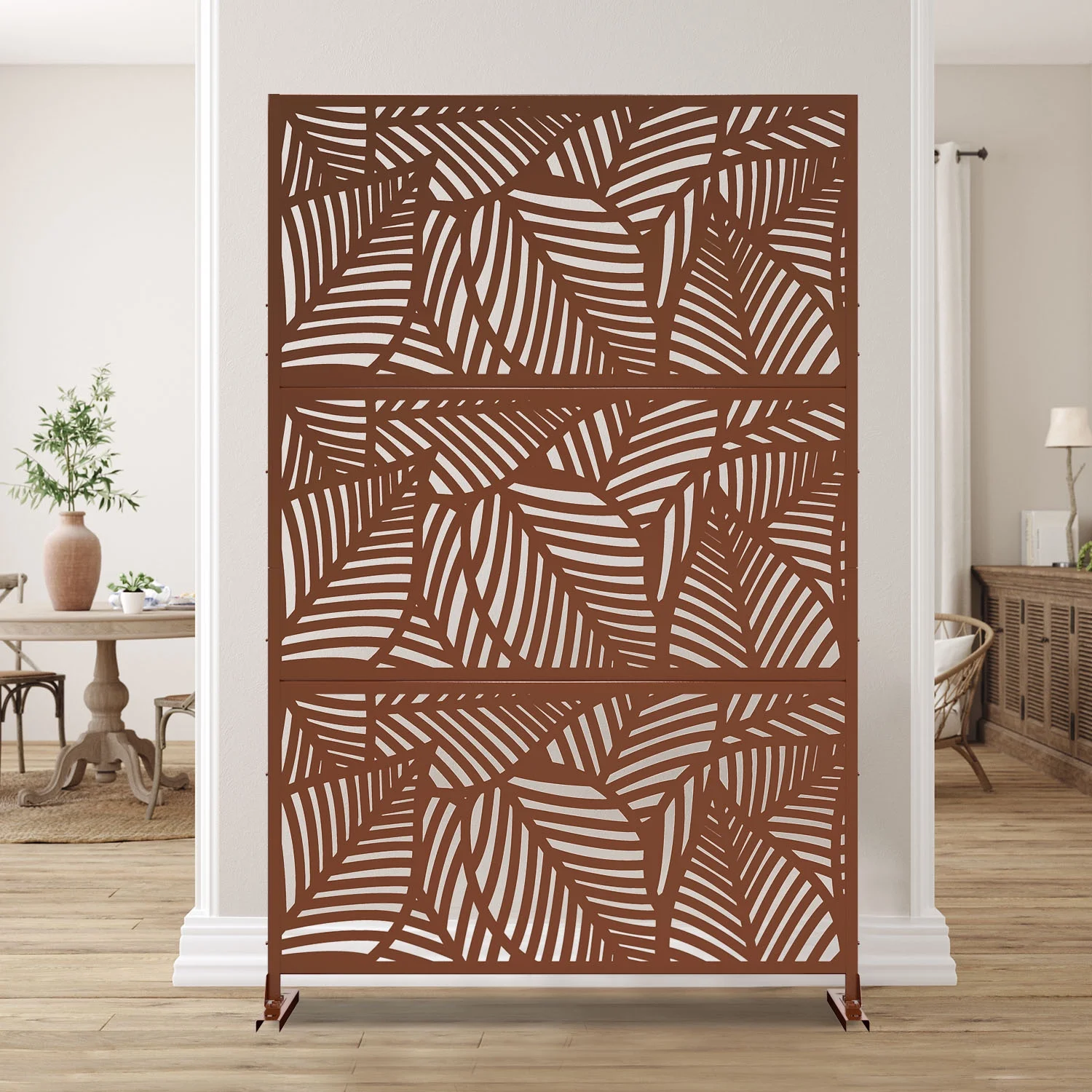 MAYEERTY 72*47" Outdoor Brown Metal Freestanding Privacy Panel Screen for Patio, Leaf Hollow - Out Pattern