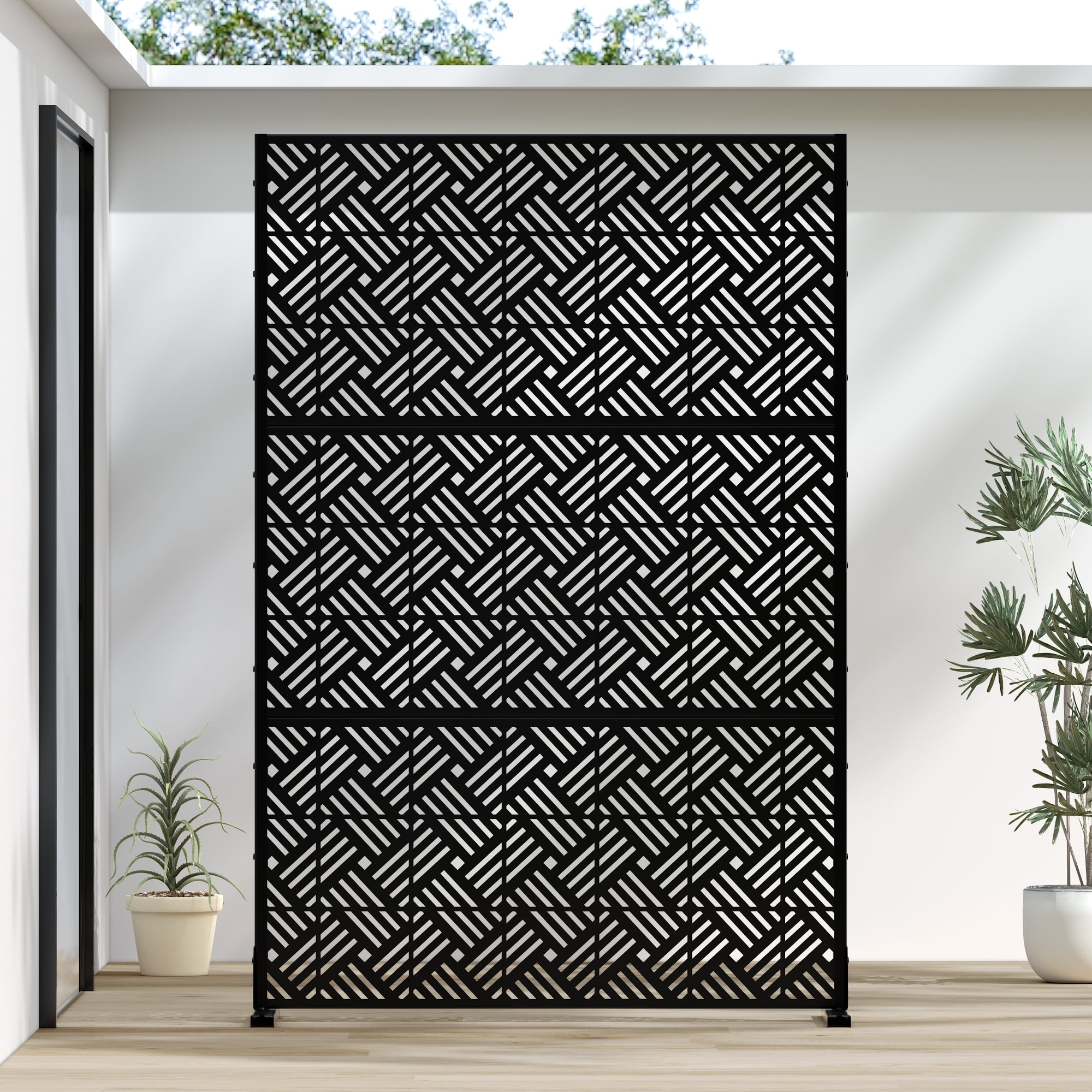 MAYEERTY 72*47" Outdoor Black Metal Freestanding Sheet Privacy Panel Screen for Patio, Woven Pattern