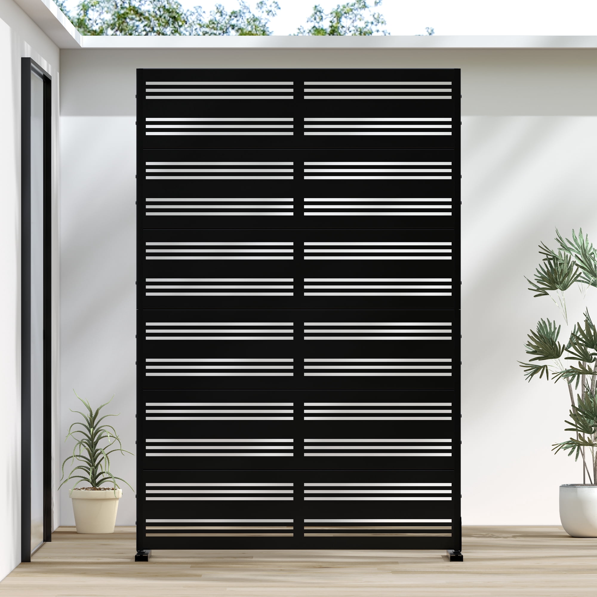 MAYEERTY 72*47" Outdoor Black Metal Freestanding Panel Screen for Patio, Wide-Narrow Slat Pattern